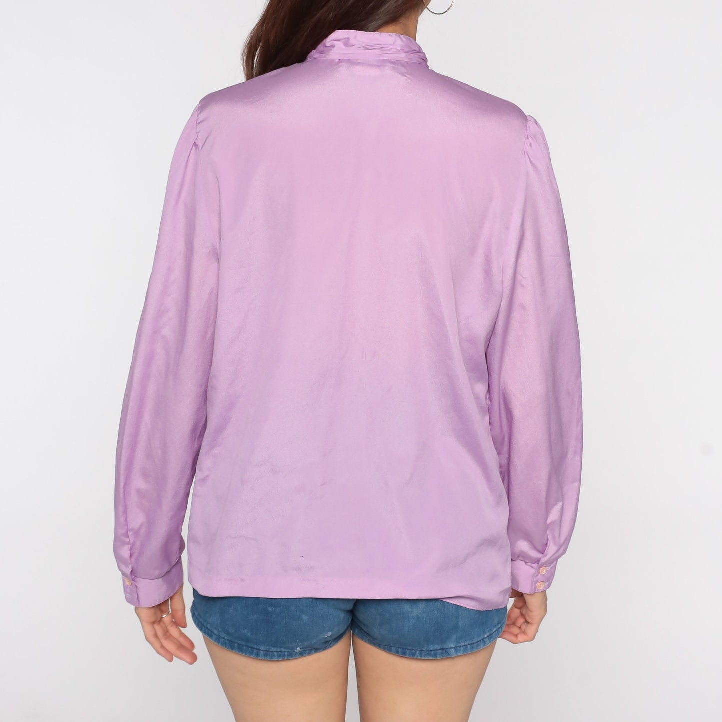 80s Purple Necktie Blouse Puff Sleeve Button Up Ruffle Collar Medium