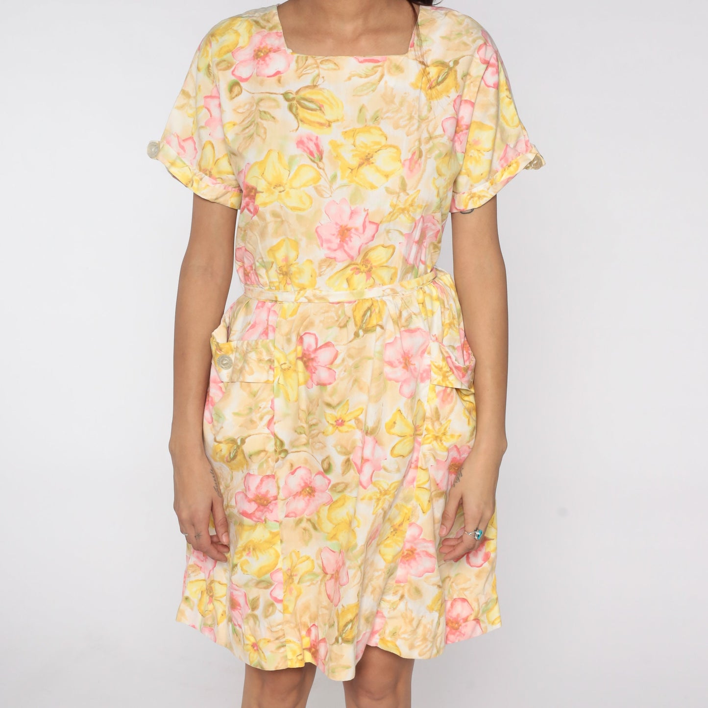 60s Floral Mini Dress Yellow Flower Print High Waist Pleated Medium