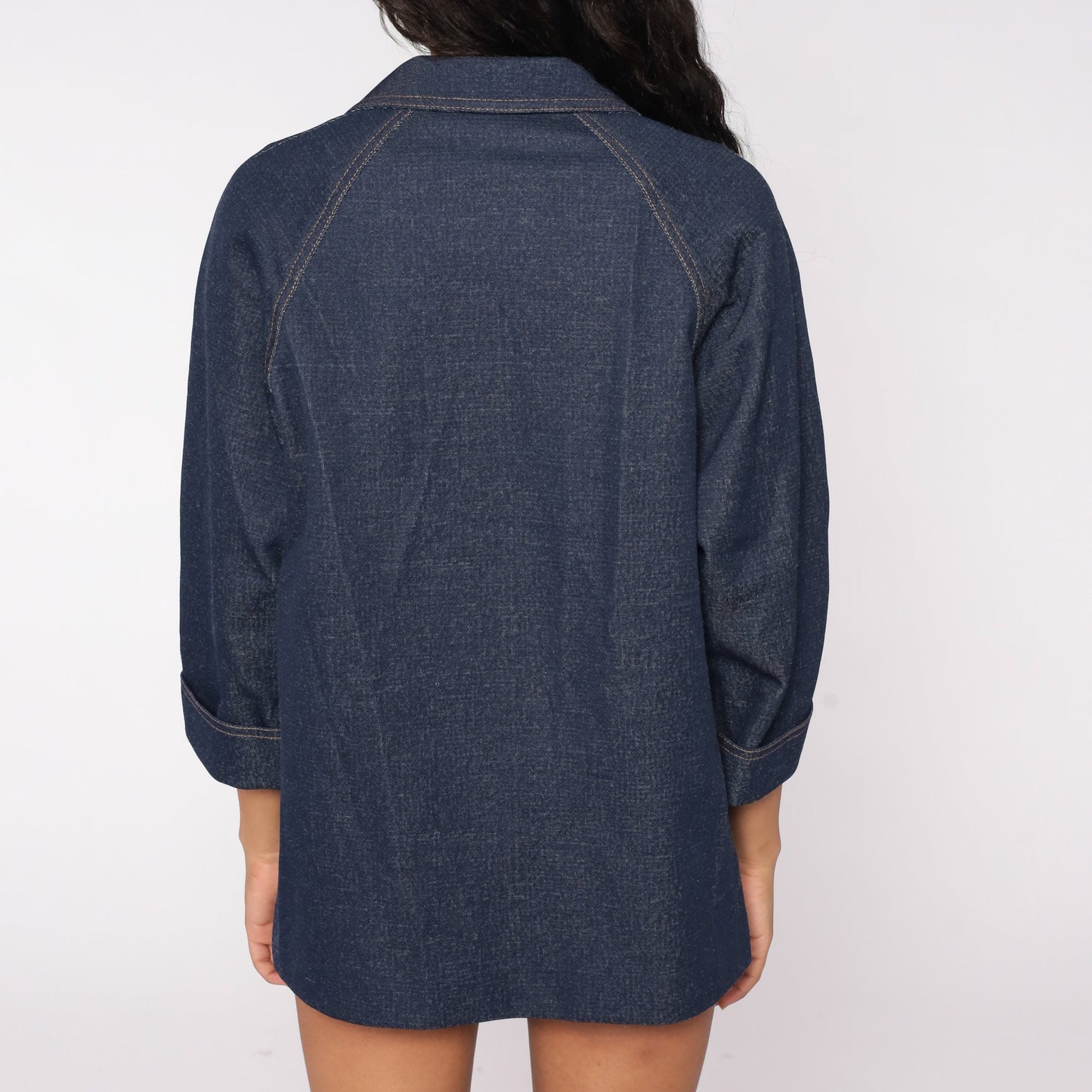 70s Dark Blue Denim-Look Jacket Button Up Raglan Sleeve Medium Large