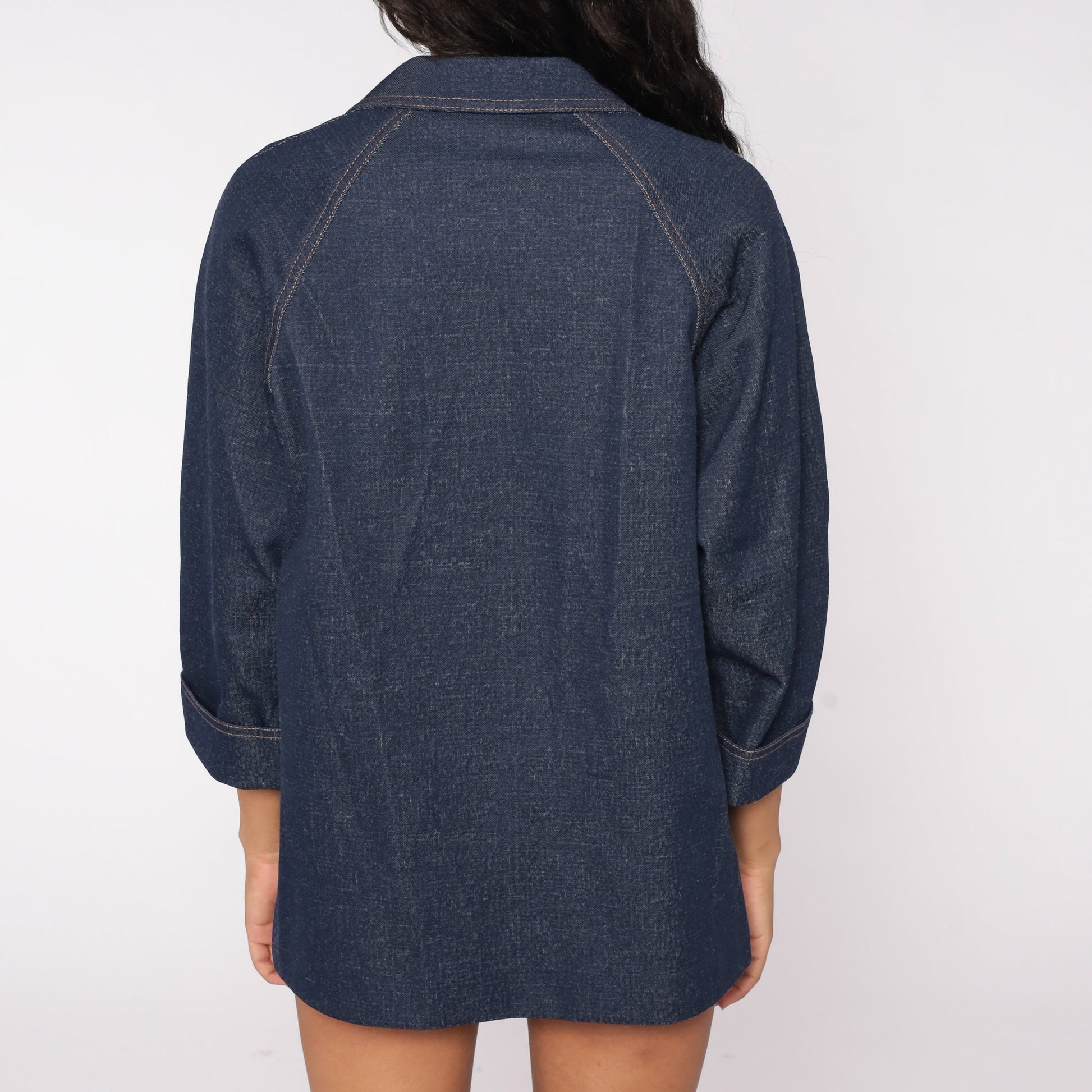 70s Dark Blue Denim-Look Jacket Button Up Raglan Sleeve Medium Large