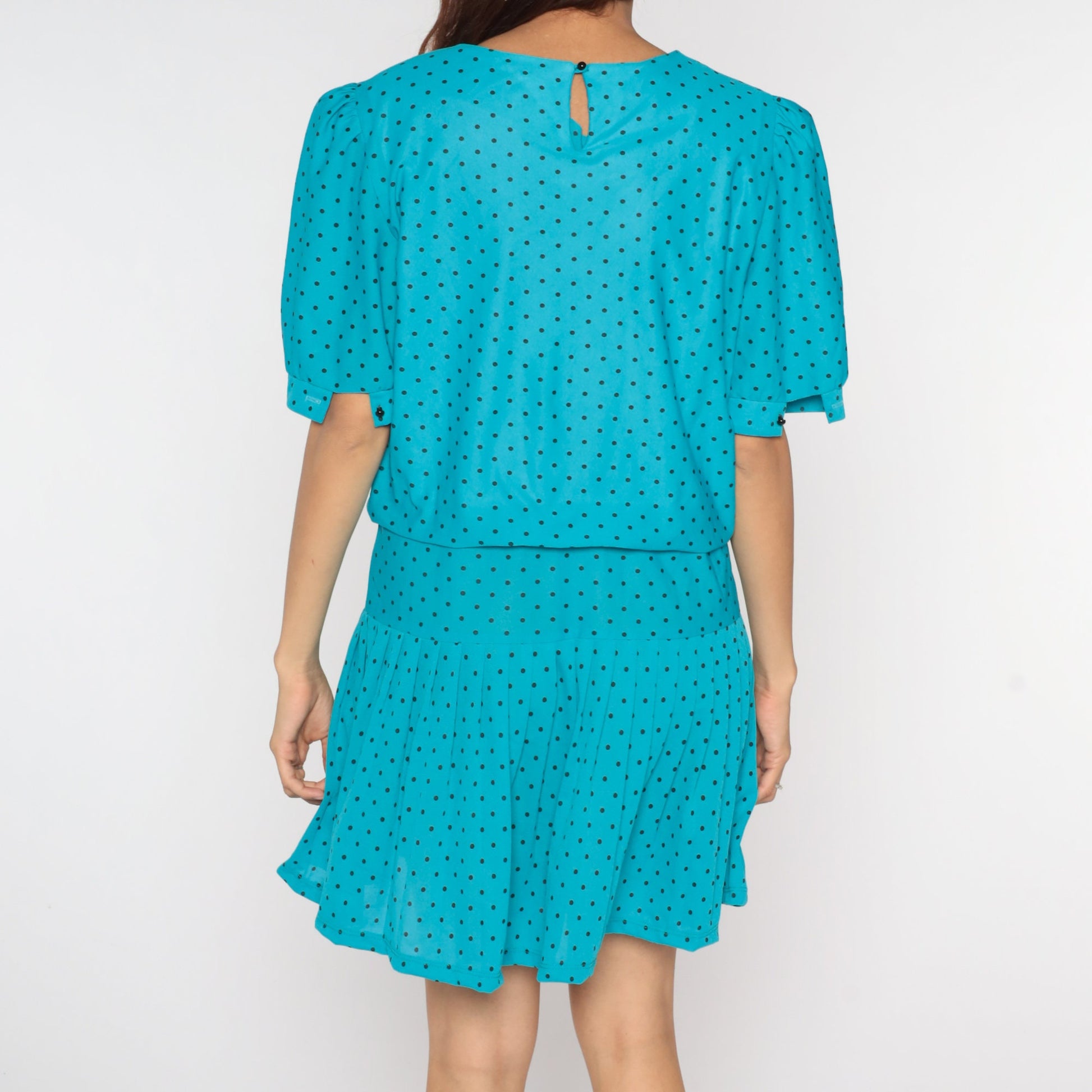 80s Blue Polka Dot Mini Dress Puff Sleeve Low Waist Large
