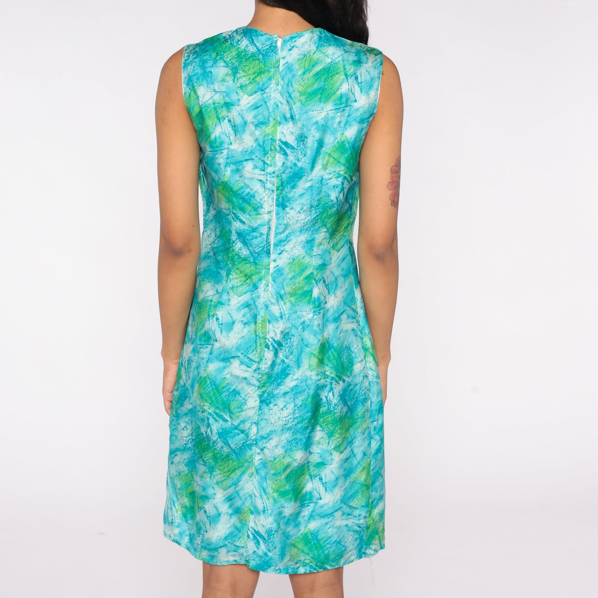 1960s Watercolor Mod Sheath Dress Sleeveless Knee-Length Blue Green Small