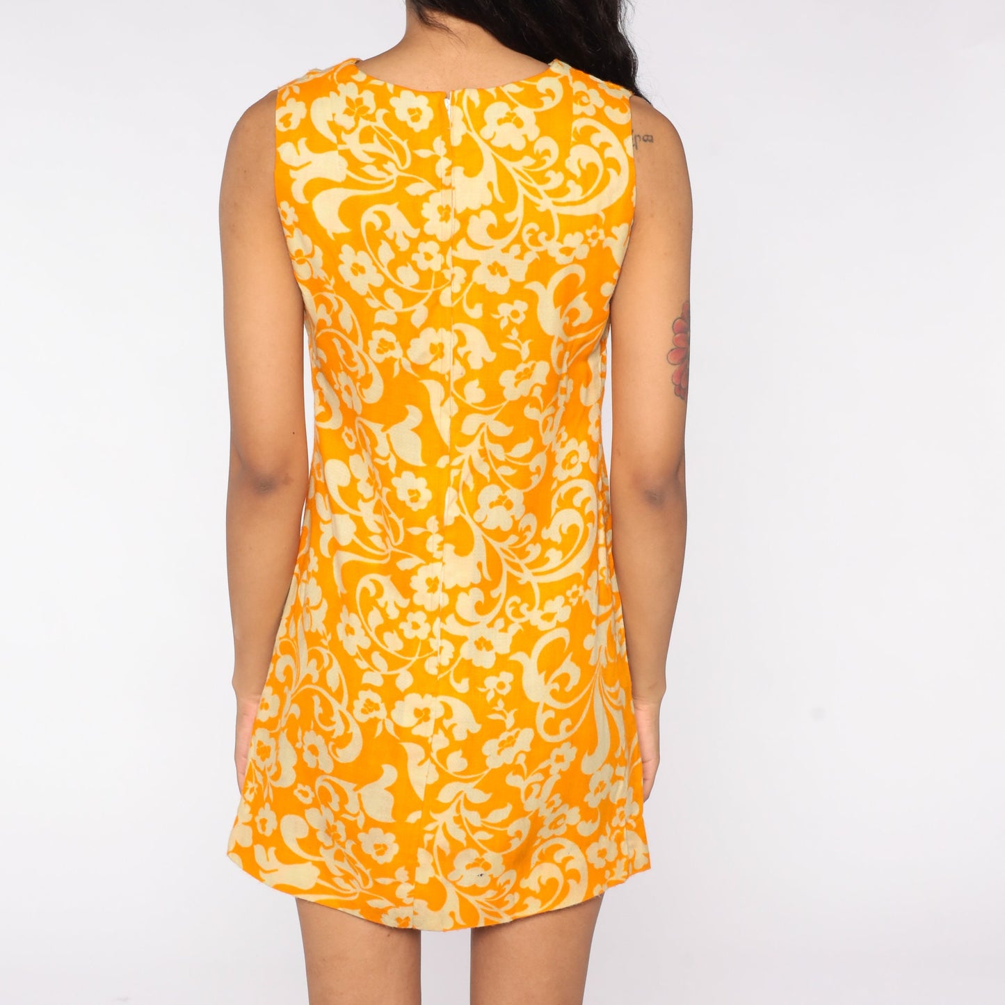 60s Orange Floral Shift Mini Dress Sleeveless Extra Small