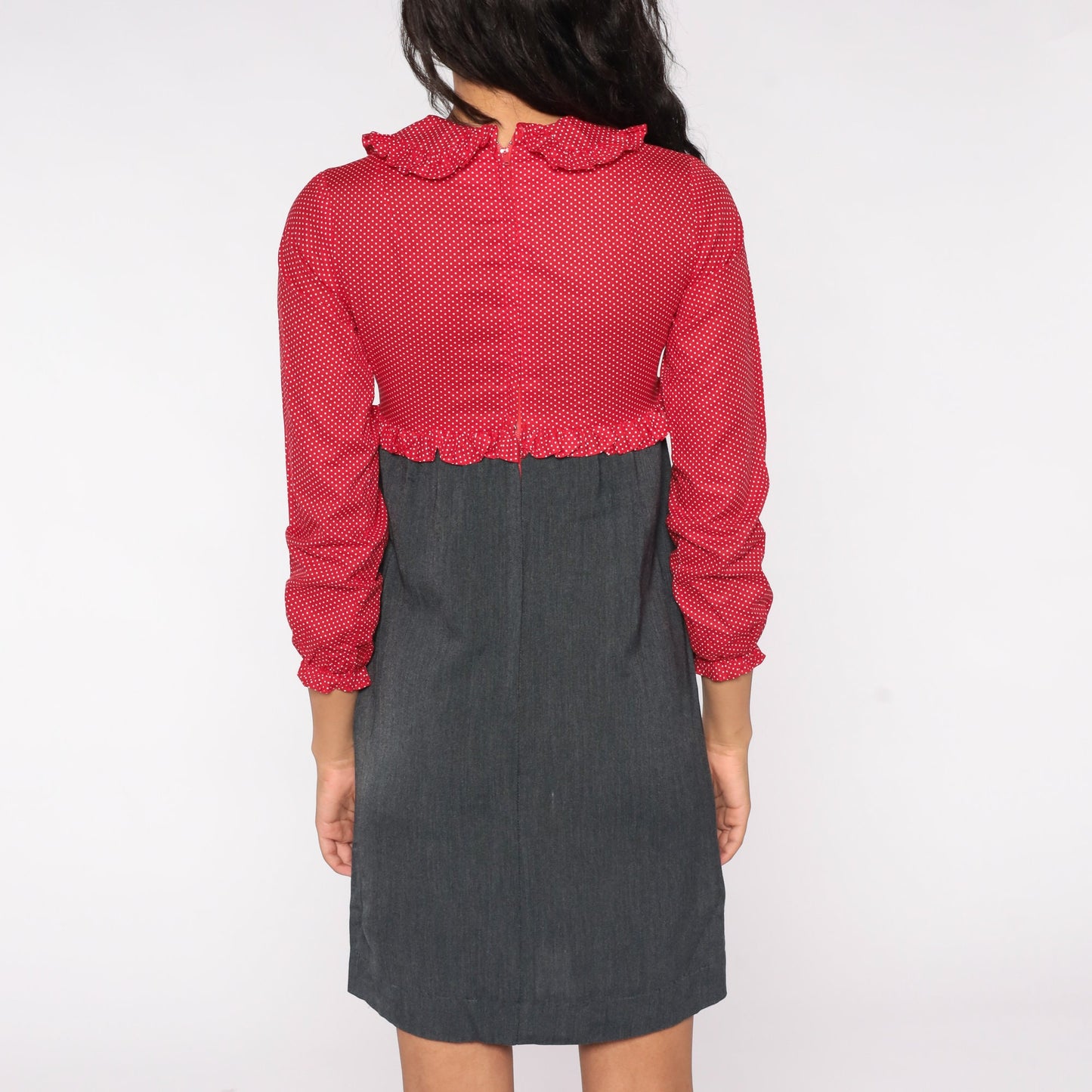60s Red Polka Dot Mini Dress Peter Pan Collar Empire Waist Long Sleeve Extra Small XS