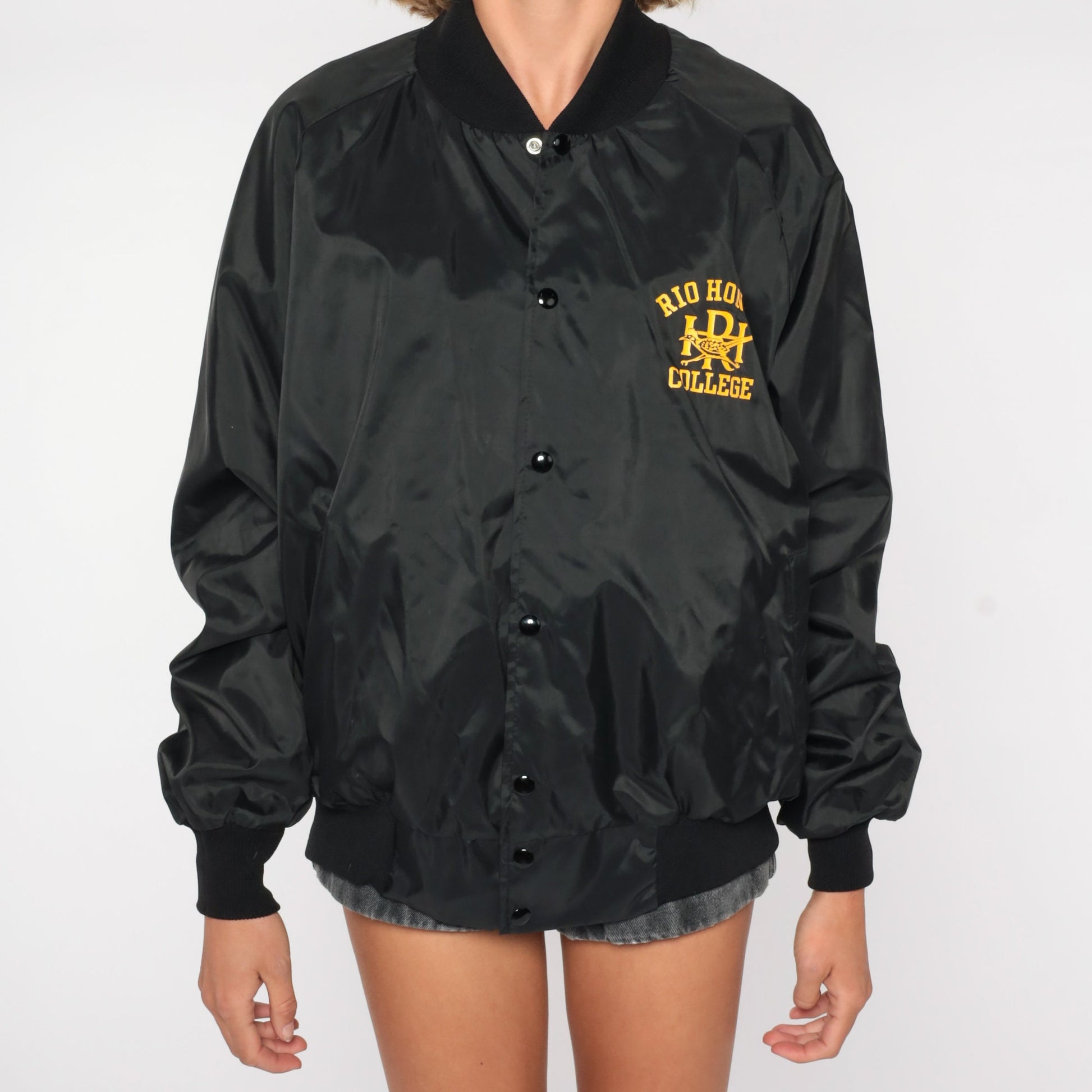 80s Rio Hondo College Speech Team Bomber Jacket Black Nylon Extra Large XL