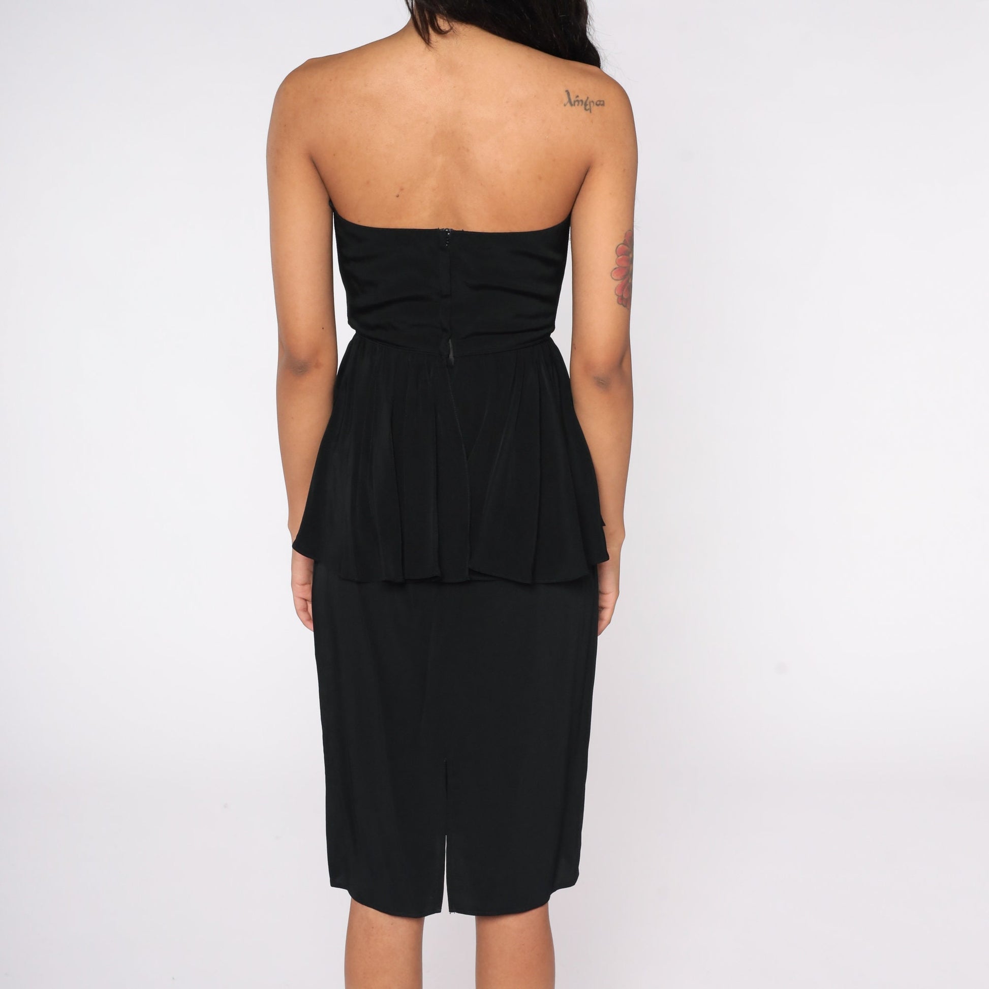 80s Black Strapless Midi Dress Sweetheart Neckline Peplum Extra Small
