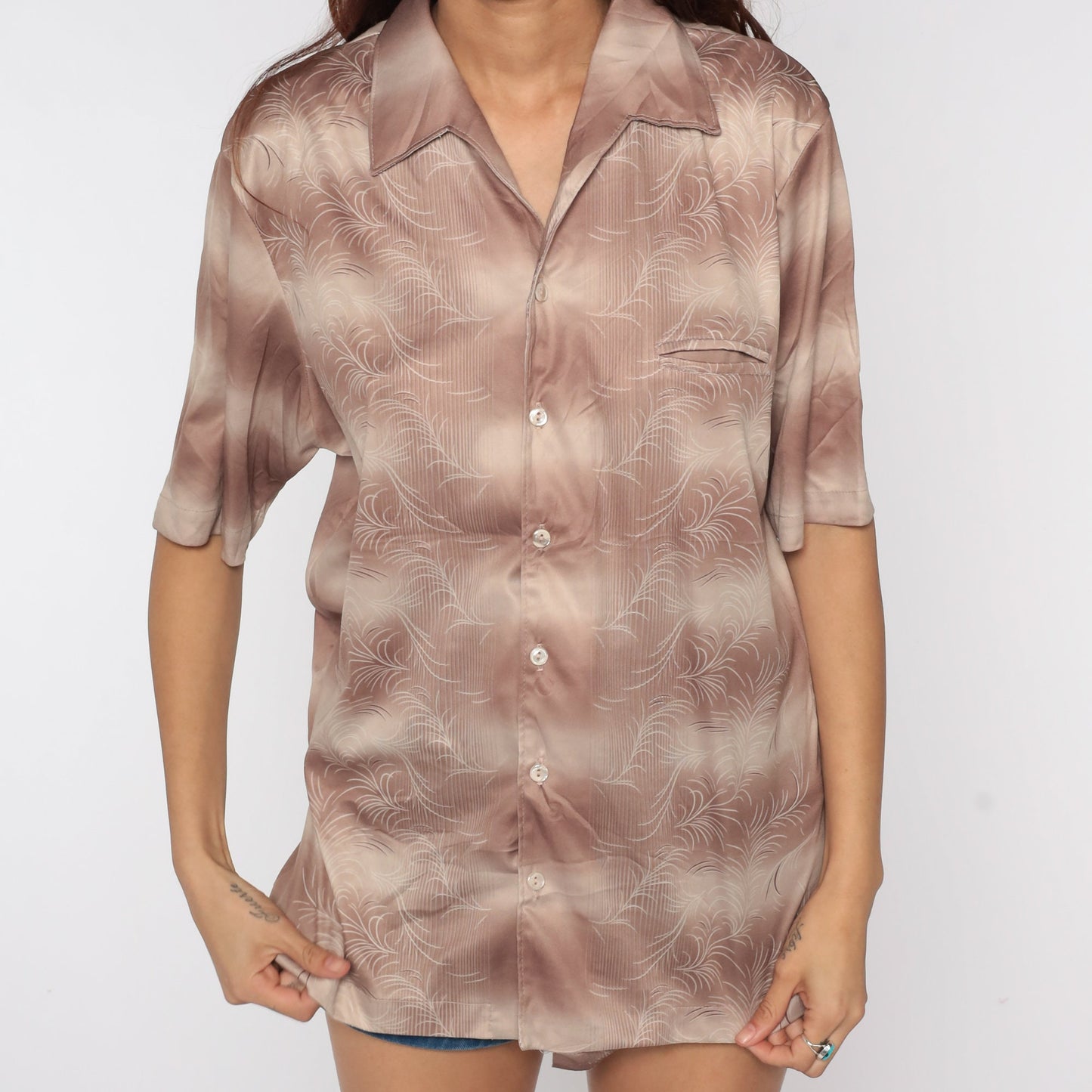 70s Striped Button-Up Shirt Feather Print Disco Collared Blouse Large L