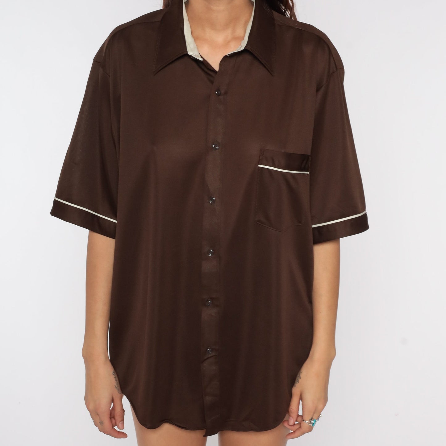 70s Brown Button-Up Shirt White Trim Short Sleeve Collared Men's Extra Large