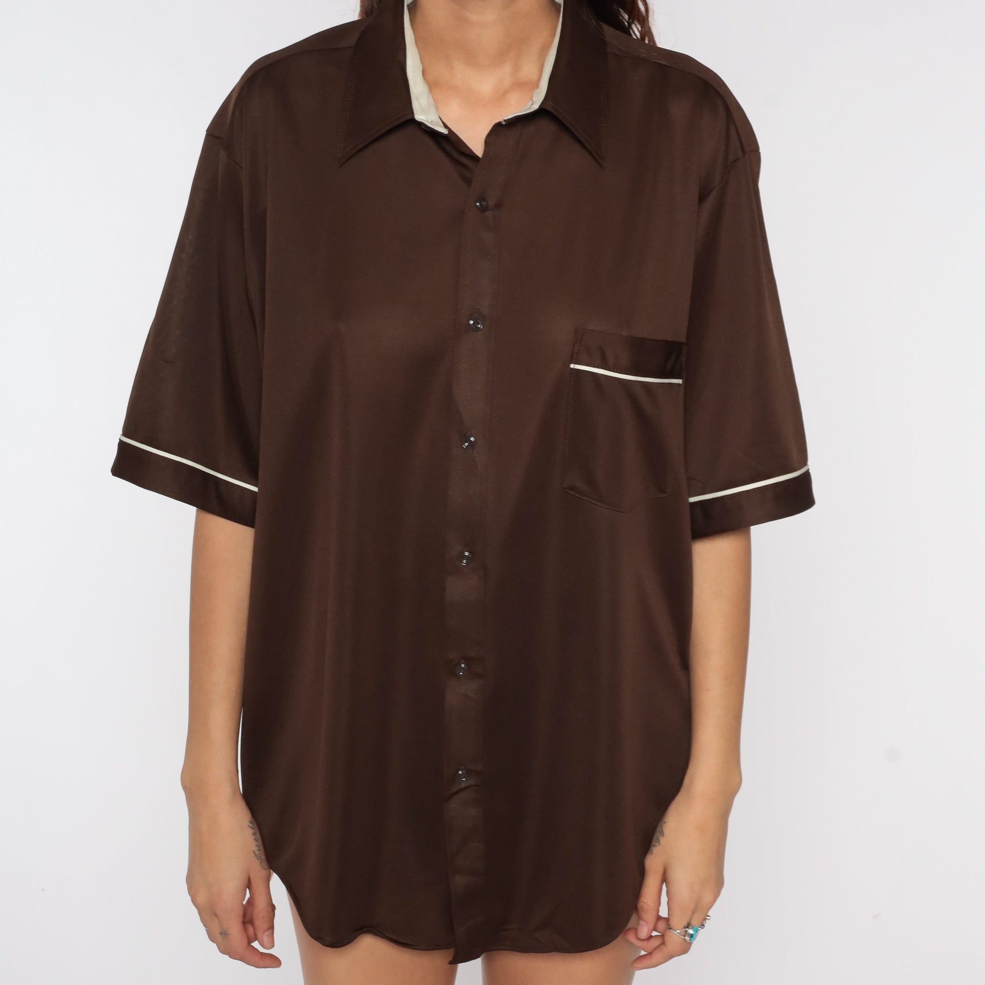 70s Brown Button-Up Shirt White Trim Short Sleeve Collared Men's Extra Large