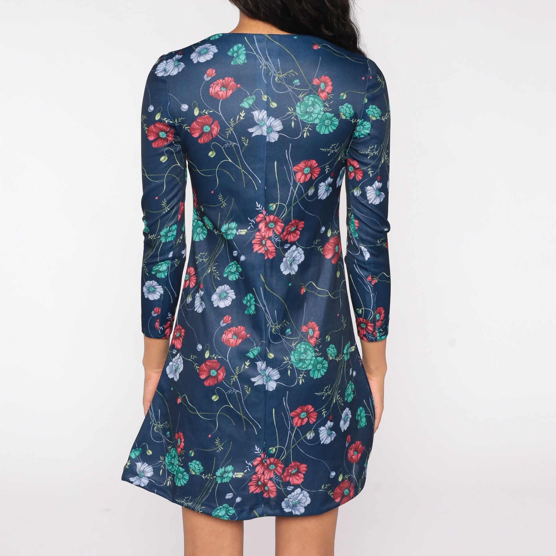 70s Floral Mini Dress Navy Blue V Neck Long Sleeve Shift Small S