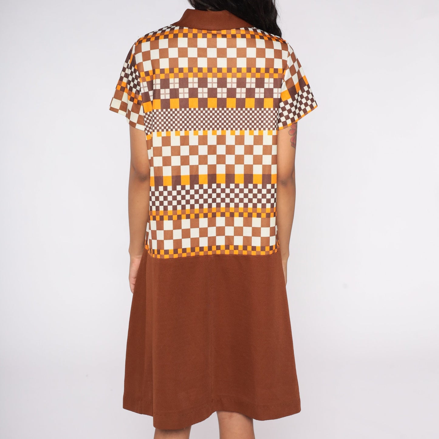 60s Mod Checkered Brown Drop Waist Minidress Short Sleeve Extra Large XL