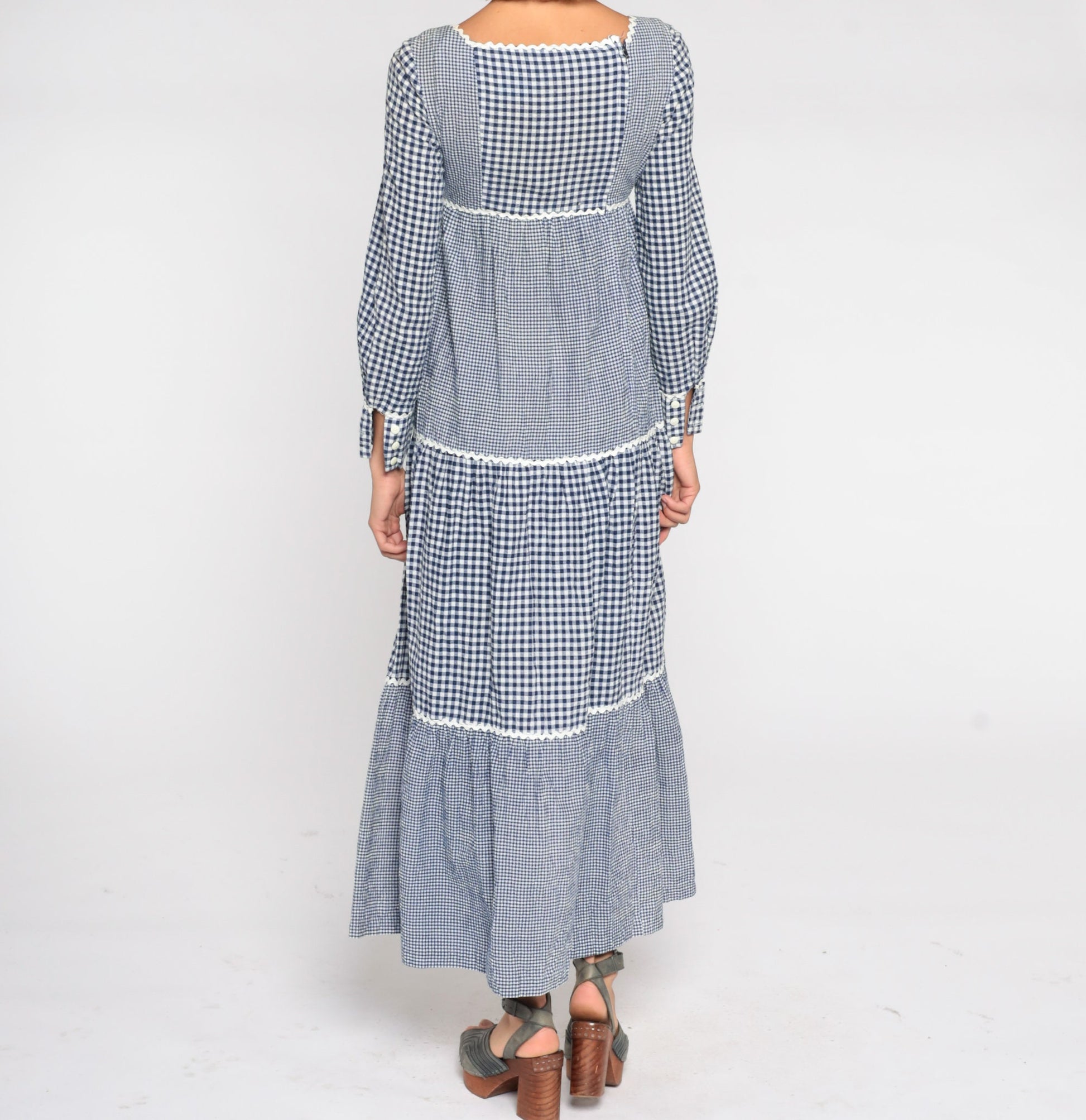 70s Sue Brett Blue Gingham Maxi Dress Empire Waist Puff Sleeve Small
