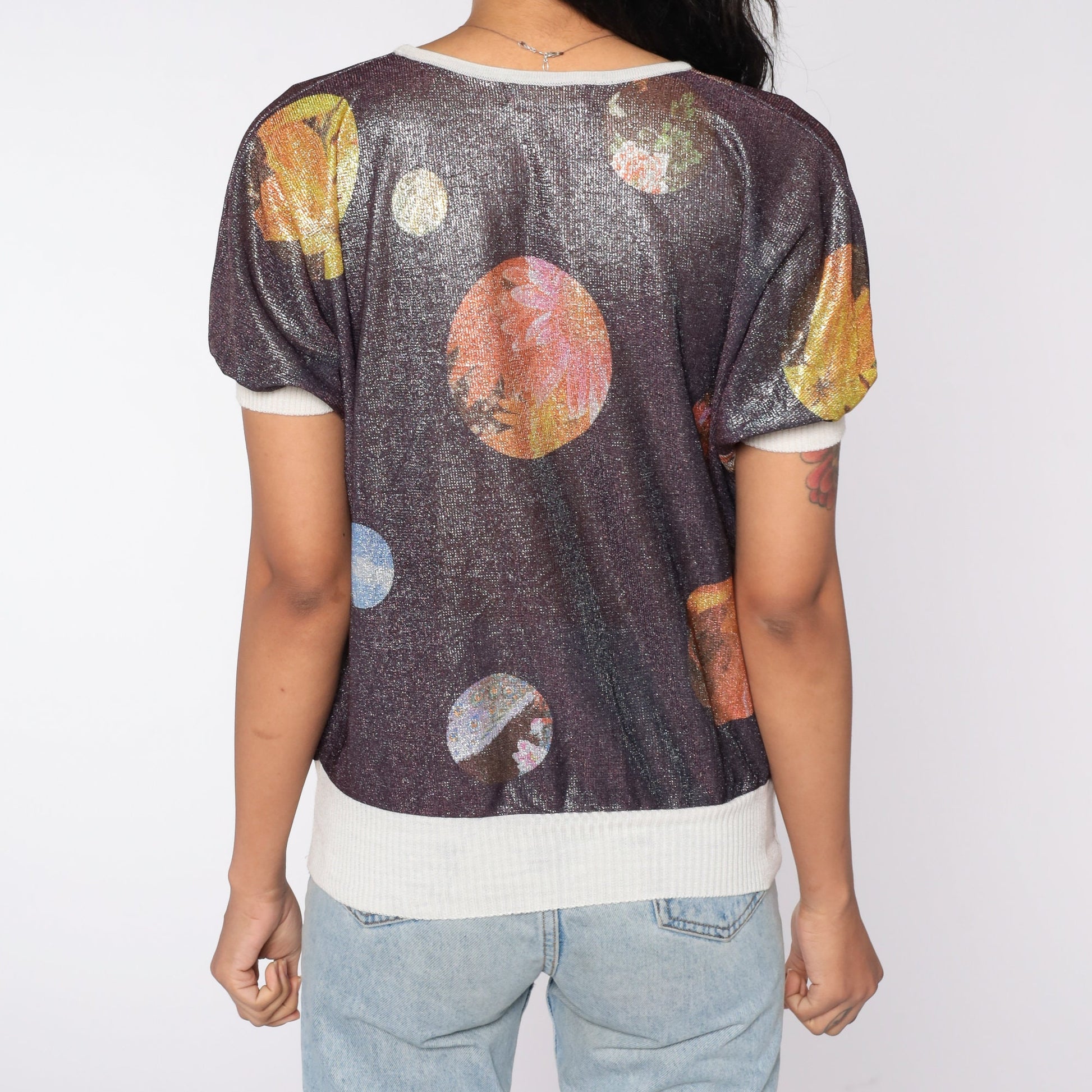 00s Metallic Floral Planet Print Short Sleeve Ringer Tee Small S