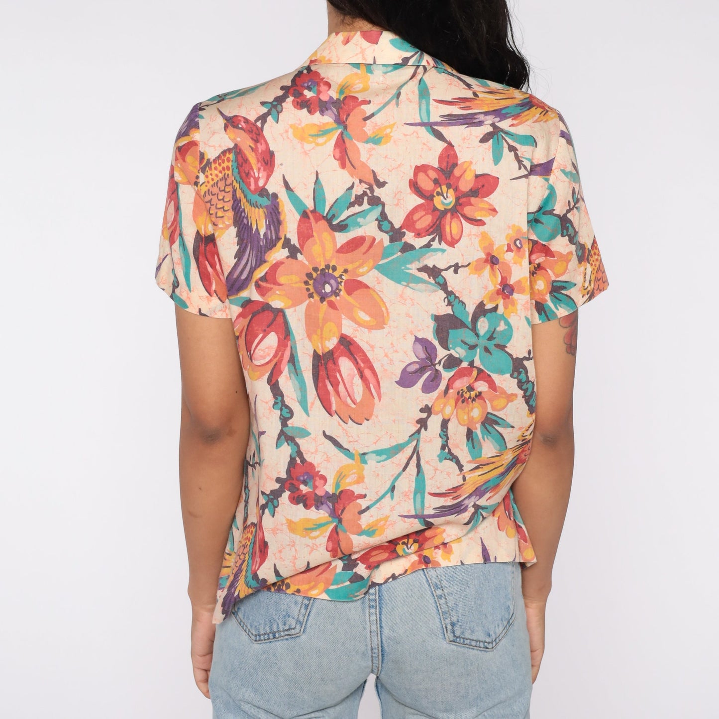 90s Tropical Floral Bird Print Button-Up Blouse Short Sleeve Rayon Medium M