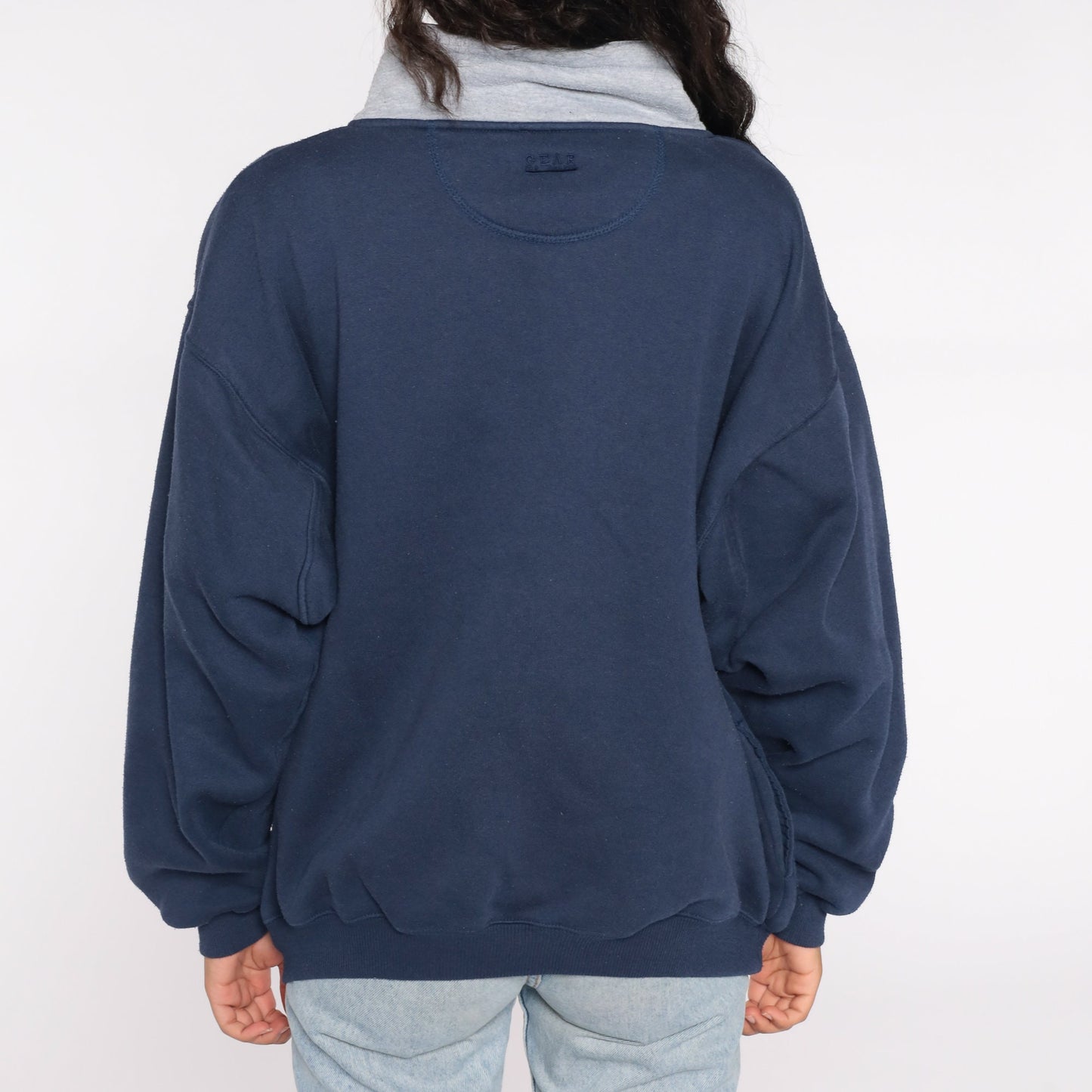 90s Alaska Quarter Zip Sweatshirt Navy Embroidered Logo Grey Collar Large