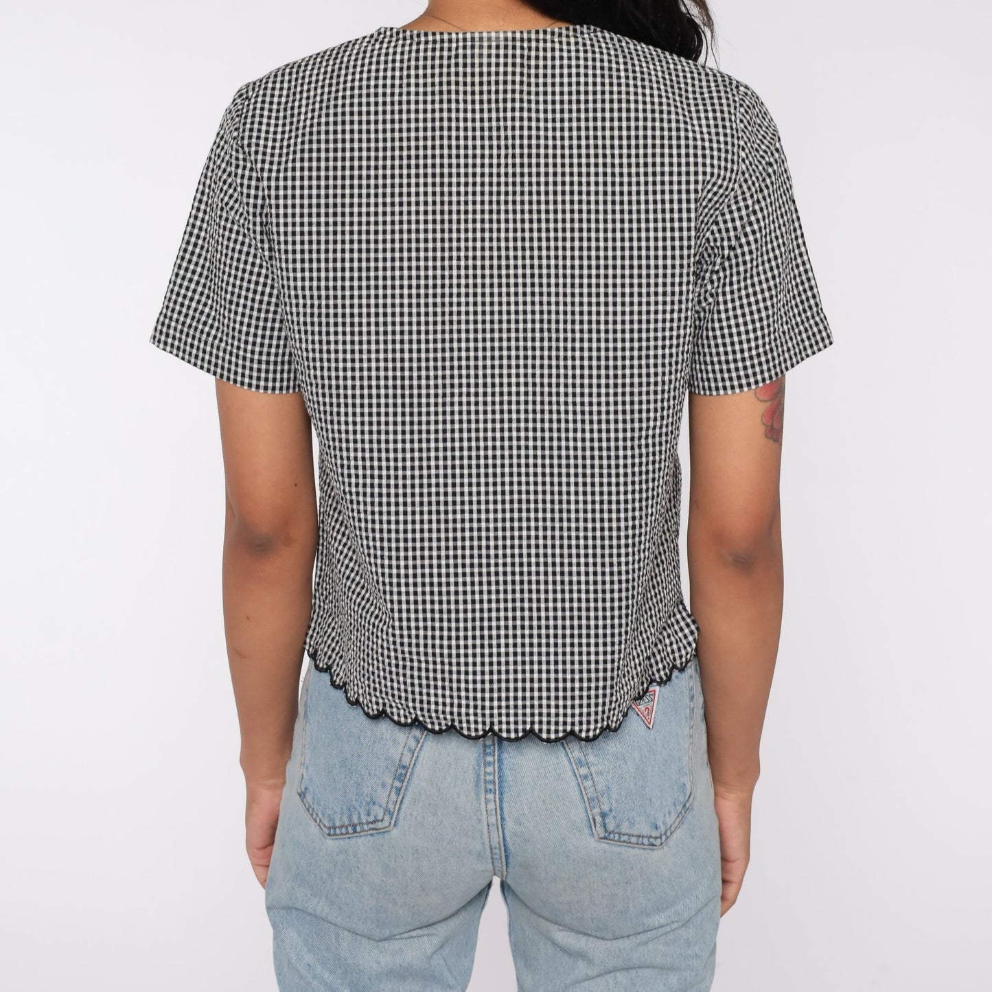 90s Black Gingham Button-Up Blouse Floral Embroidered Scalloped Hem Small