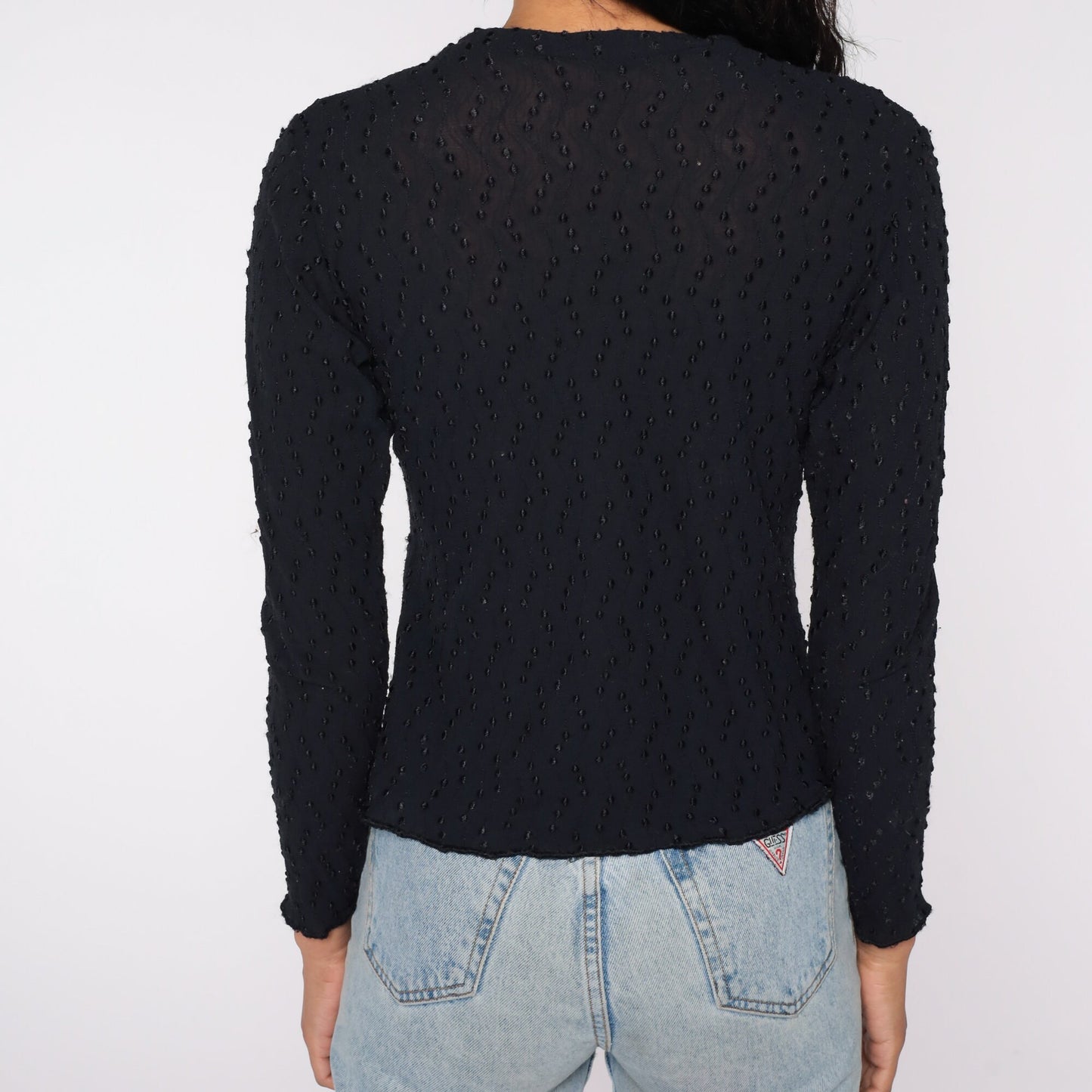90s Black Embroidered Nylon Blouse Long Sleeve Semi-Sheer Y2K Large L