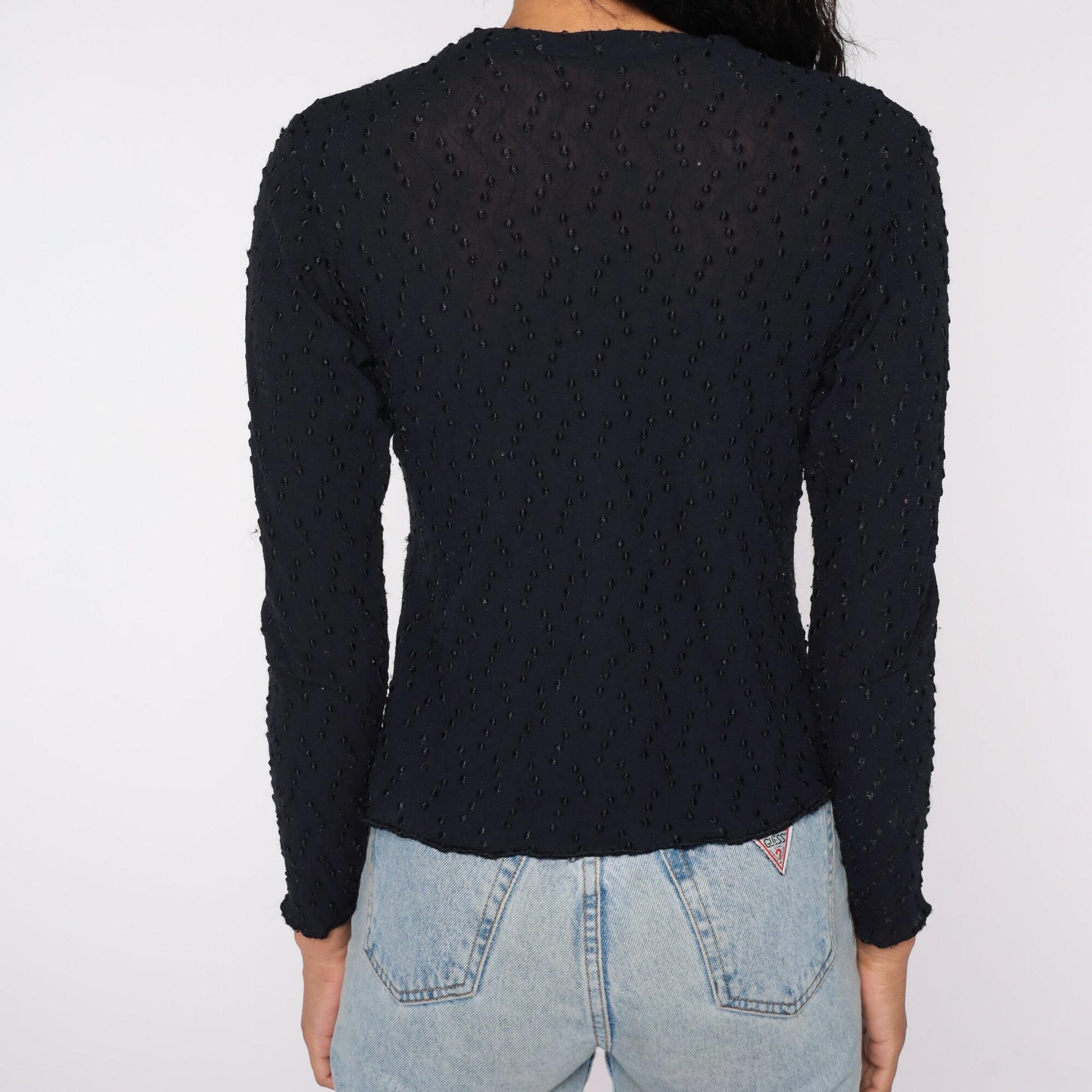 90s Black Embroidered Nylon Blouse Long Sleeve Semi-Sheer Y2K Large L