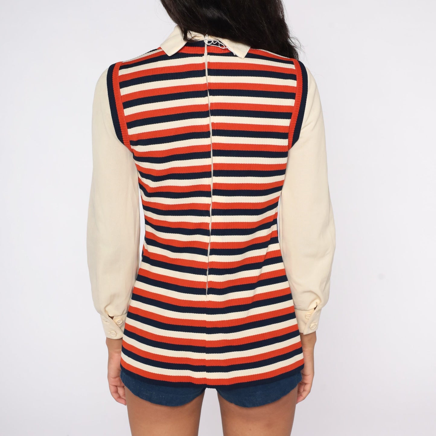 70s Cream Turtleneck with Striped Attached Vest Long Sleeve Small