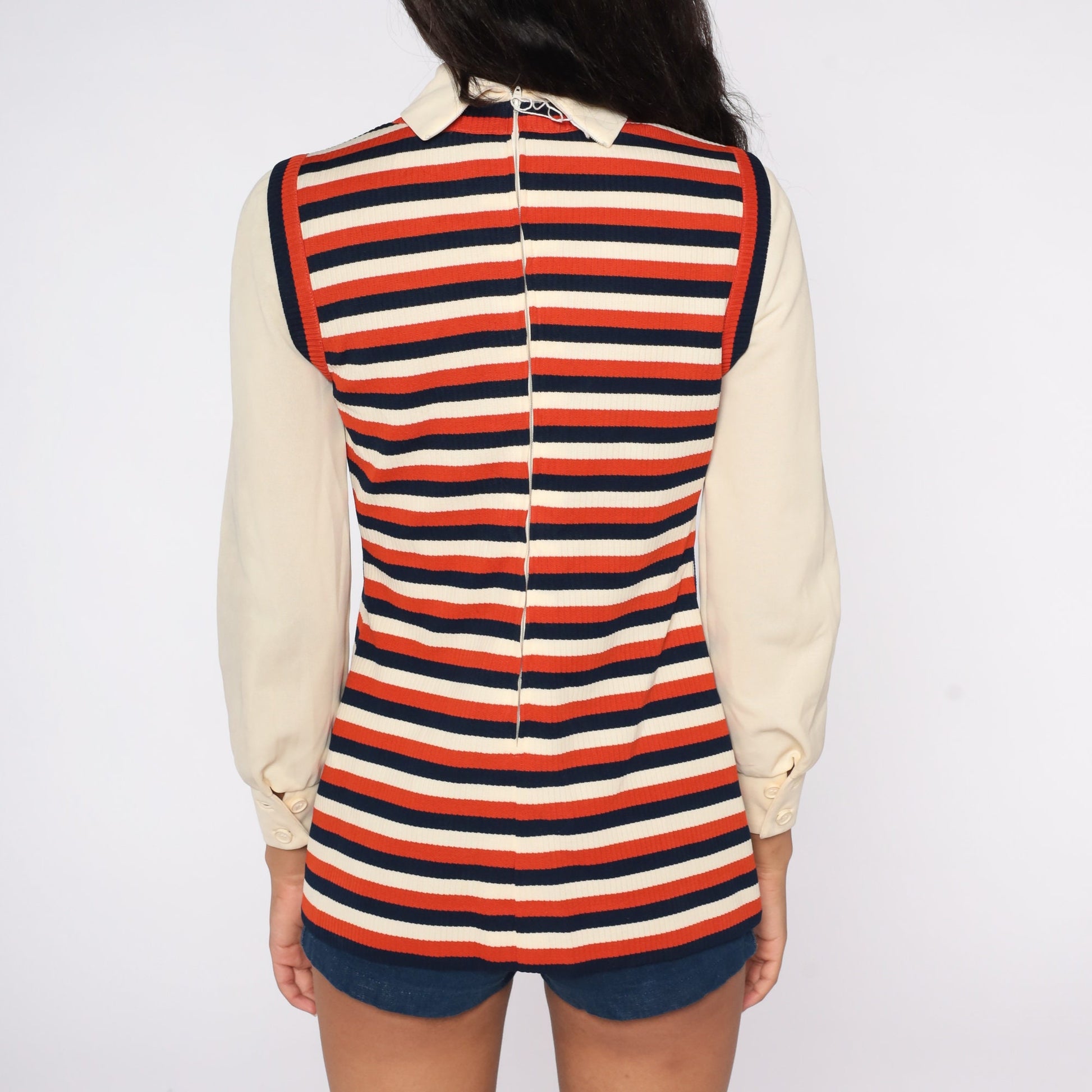 70s Cream Turtleneck with Striped Attached Vest Long Sleeve Small