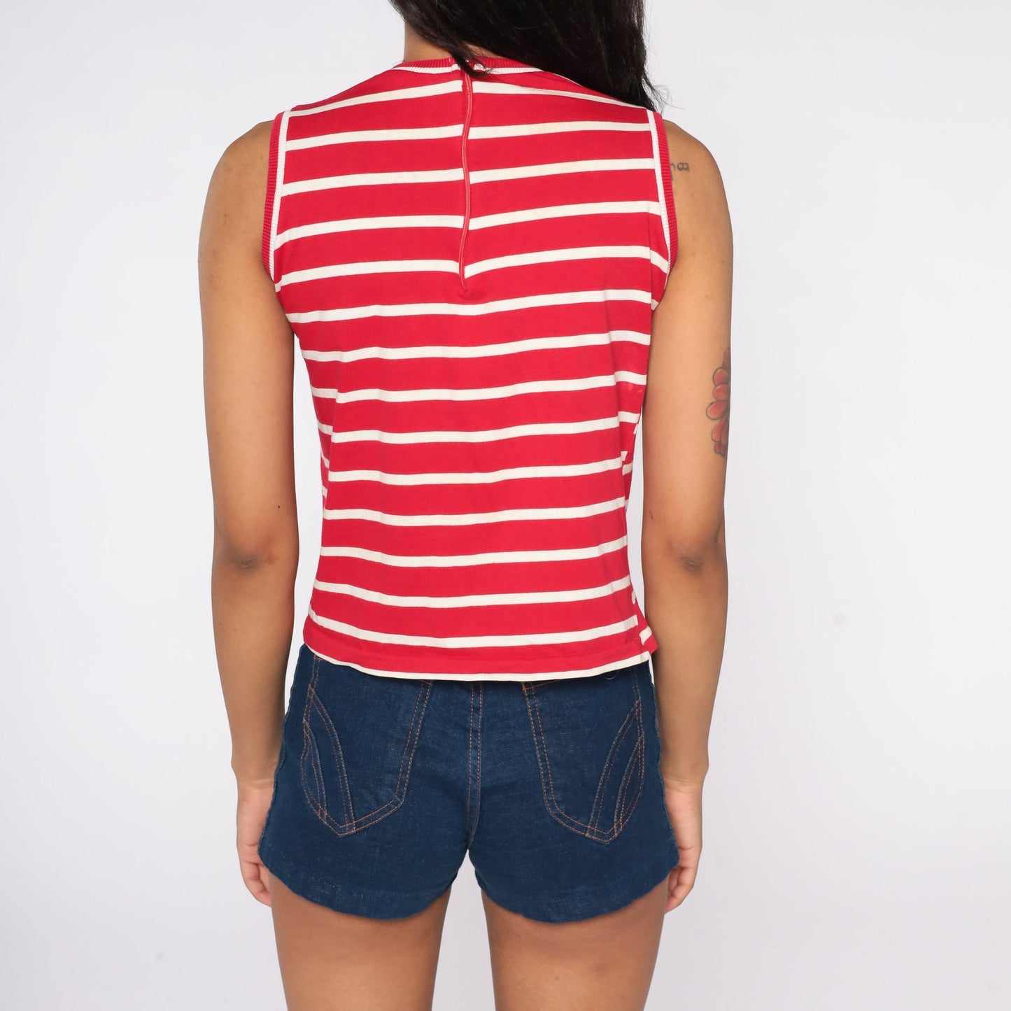 70s Red & White Striped Tank Top Knit Sleeveless Shirt Small S