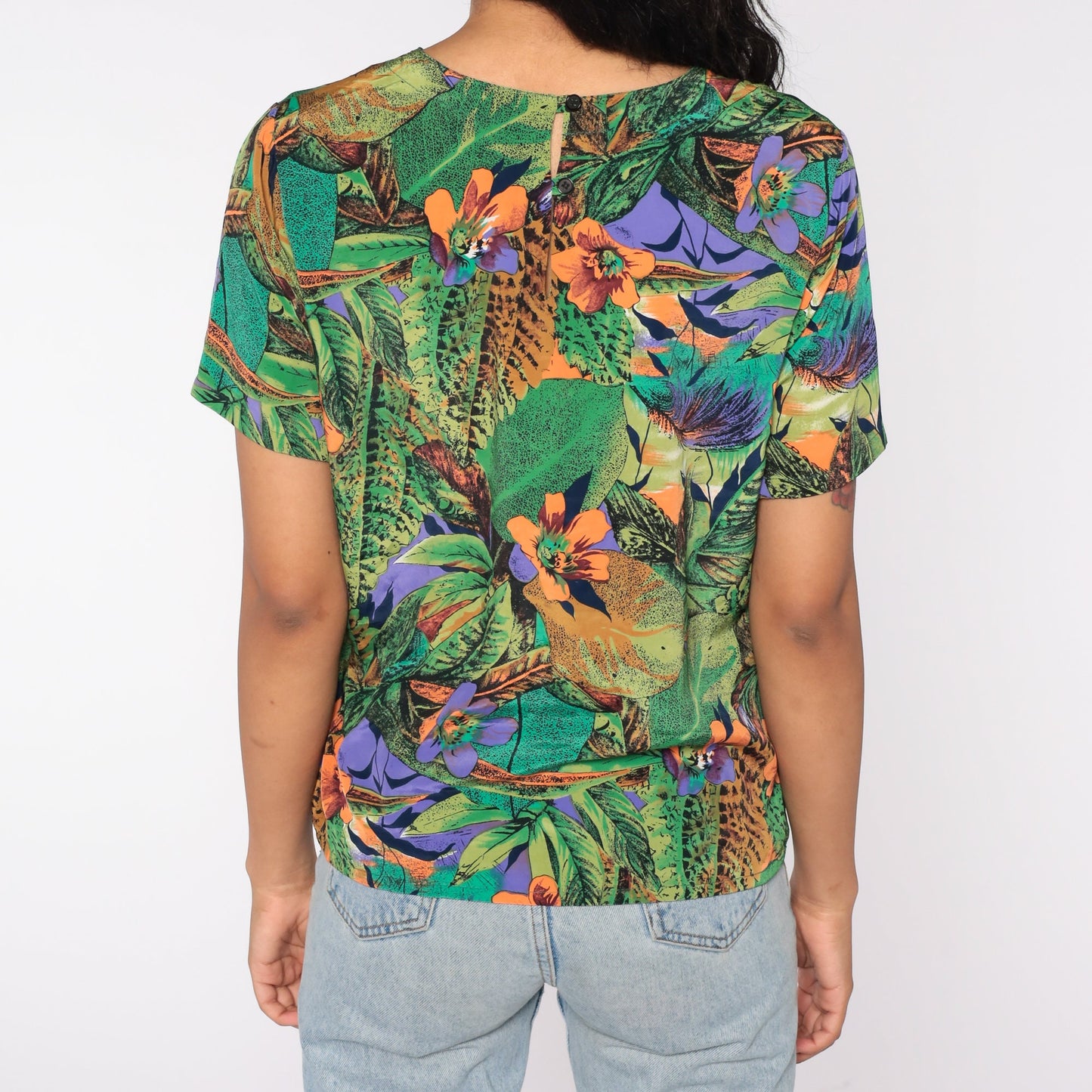 90s Tropical Floral Jungle Print Short Sleeve Shirt Green Small