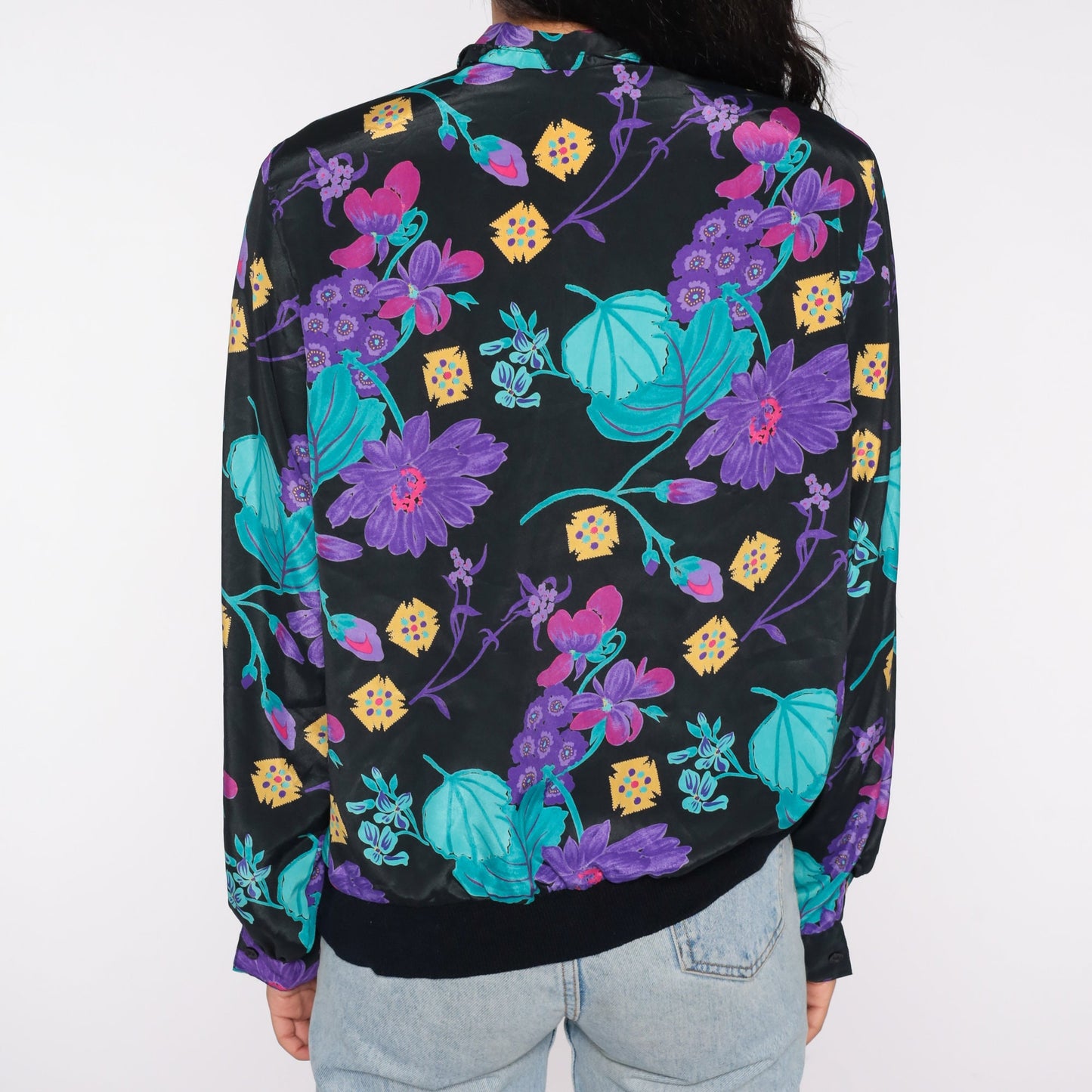90s Floral Blouse Long Sleeve Collared Shirt Purple Print Banded Hem Large L
