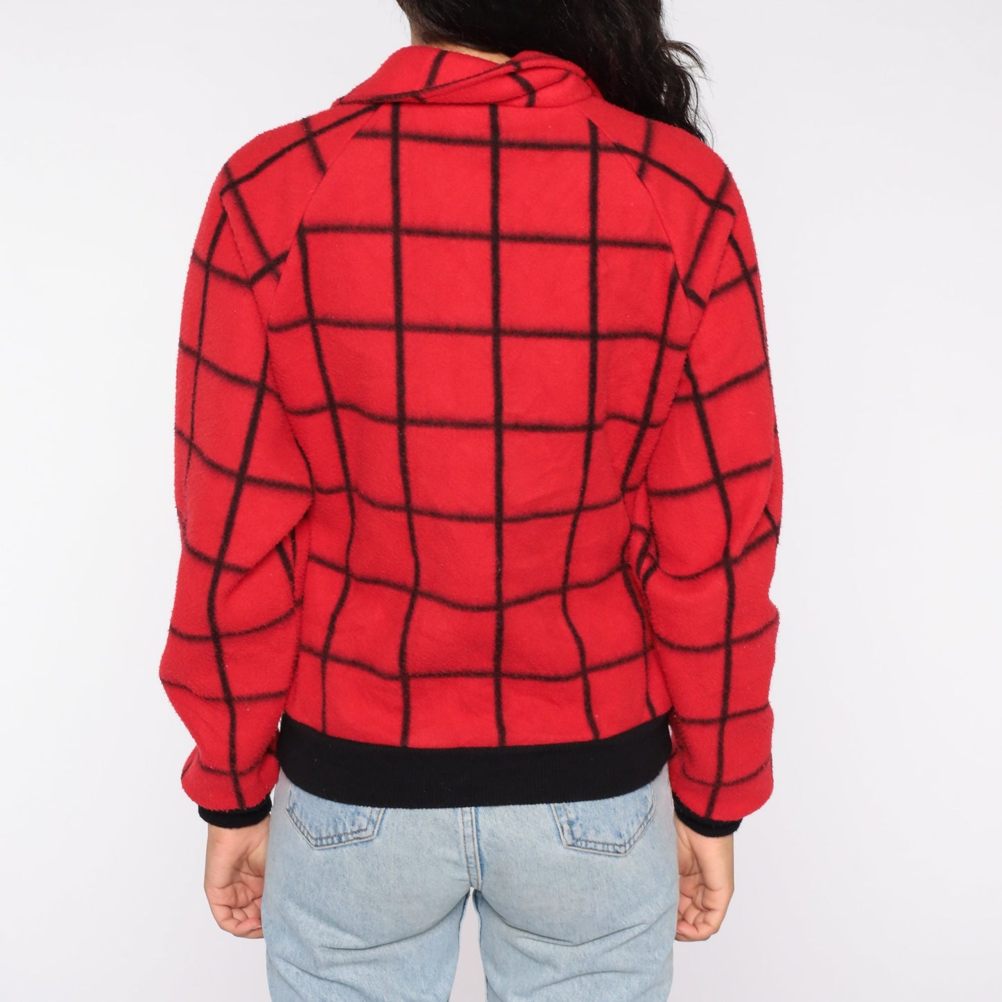 80s Red Plaid Polar Fleece Zip-Up Jacket Checkered Small