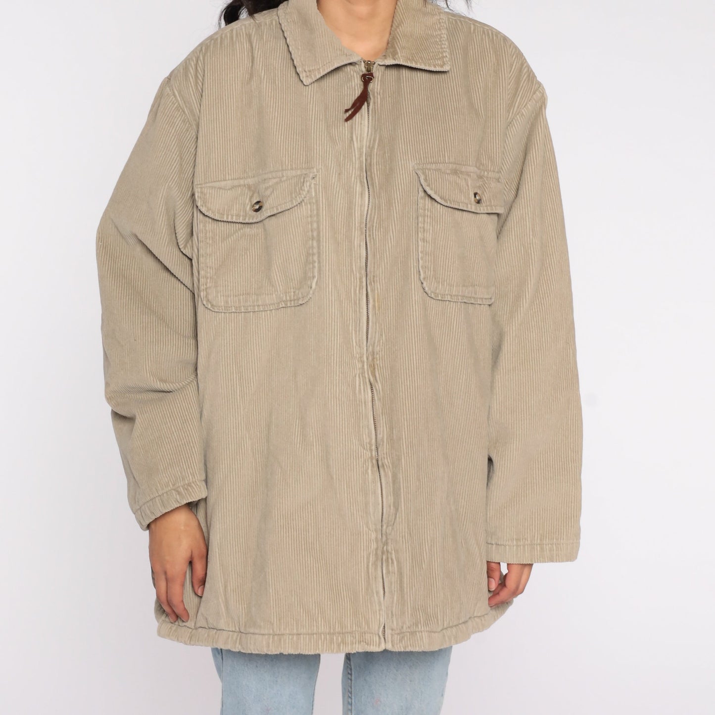 Y2K Tan Corduroy Zip Jacket Fleece Lined Extra Large XL