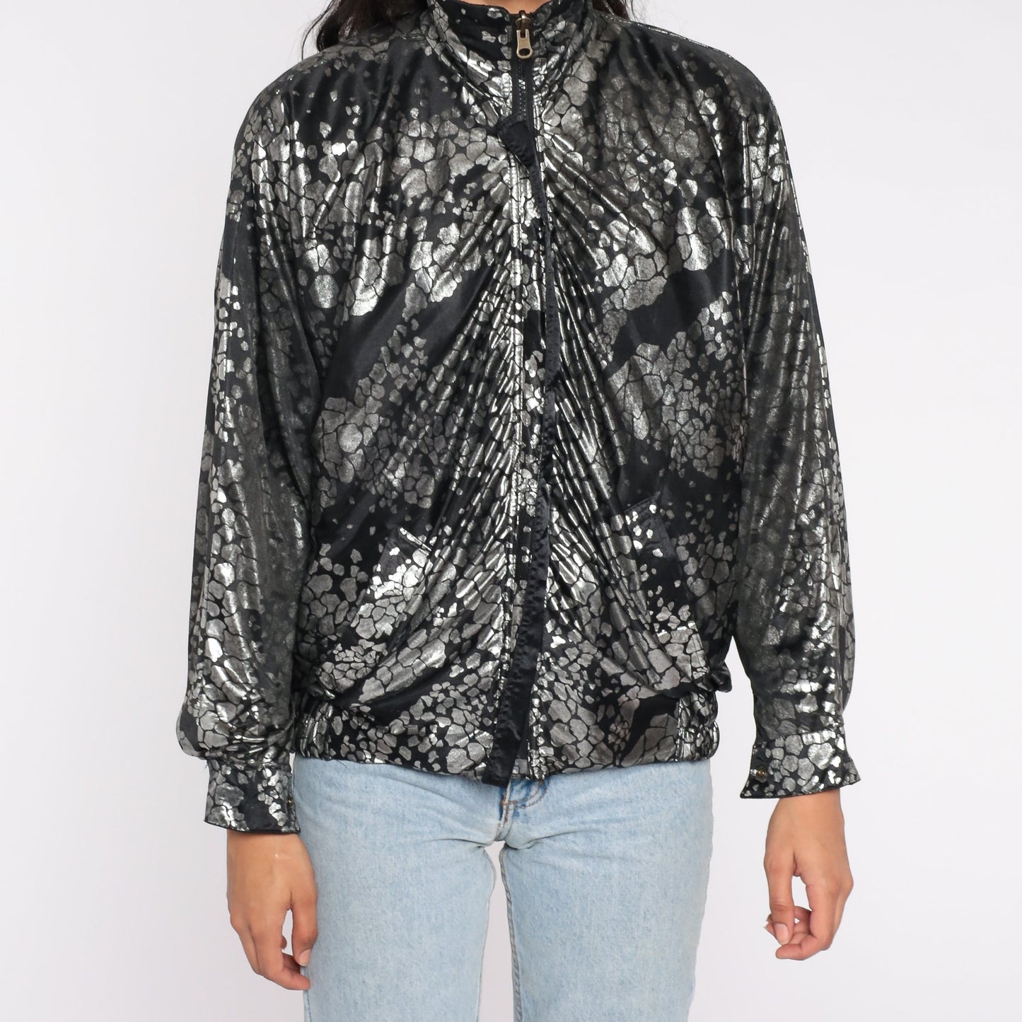 90s Reversible Windbreaker Black Metallic Silver Abstract Zip Bomber Large L