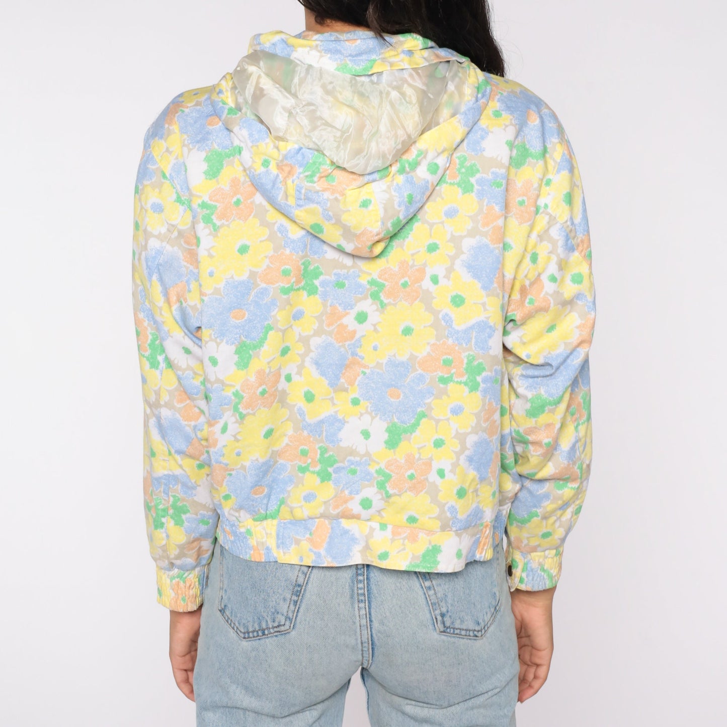 80s Floral Hooded Windbreaker Pastel Zip-Up Jacket Medium