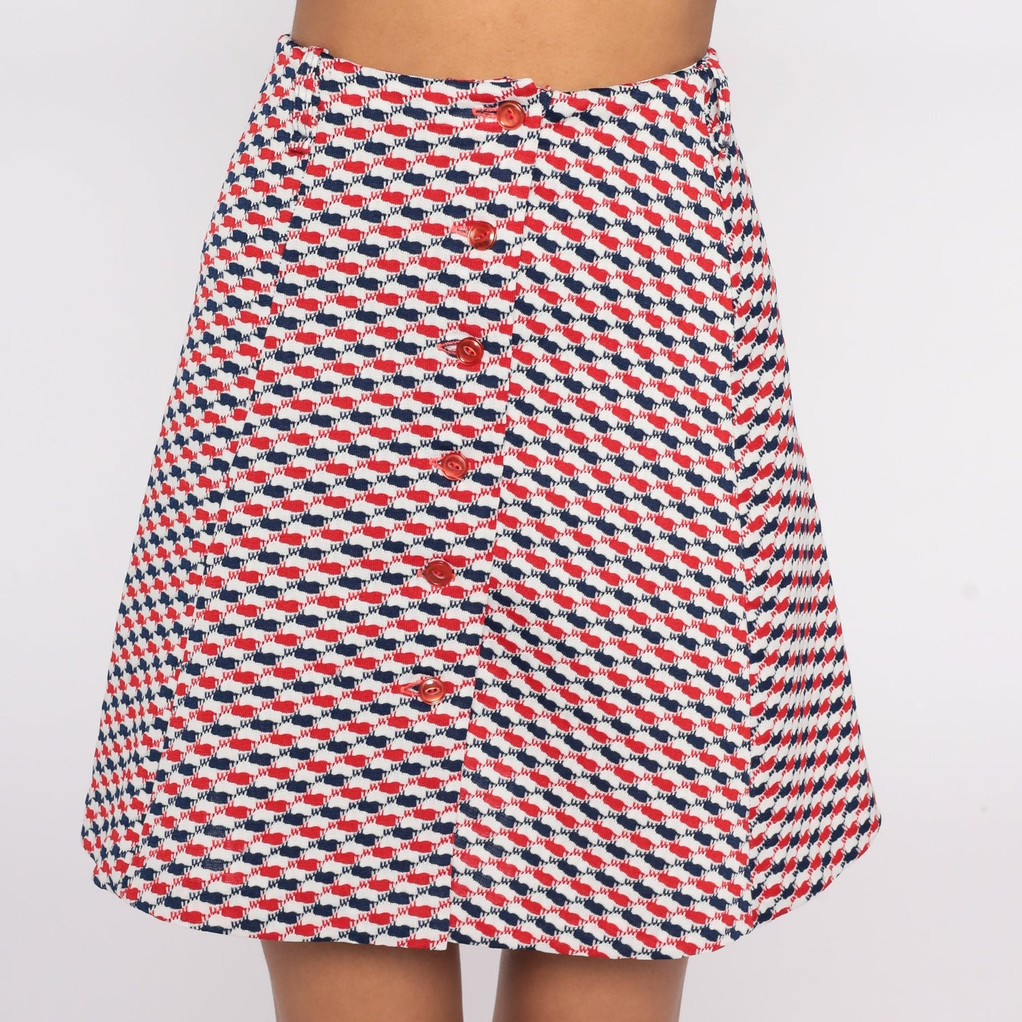 70s Plaid Mini Skirt Red White Blue High Waisted Button Front Checkered Extra Small