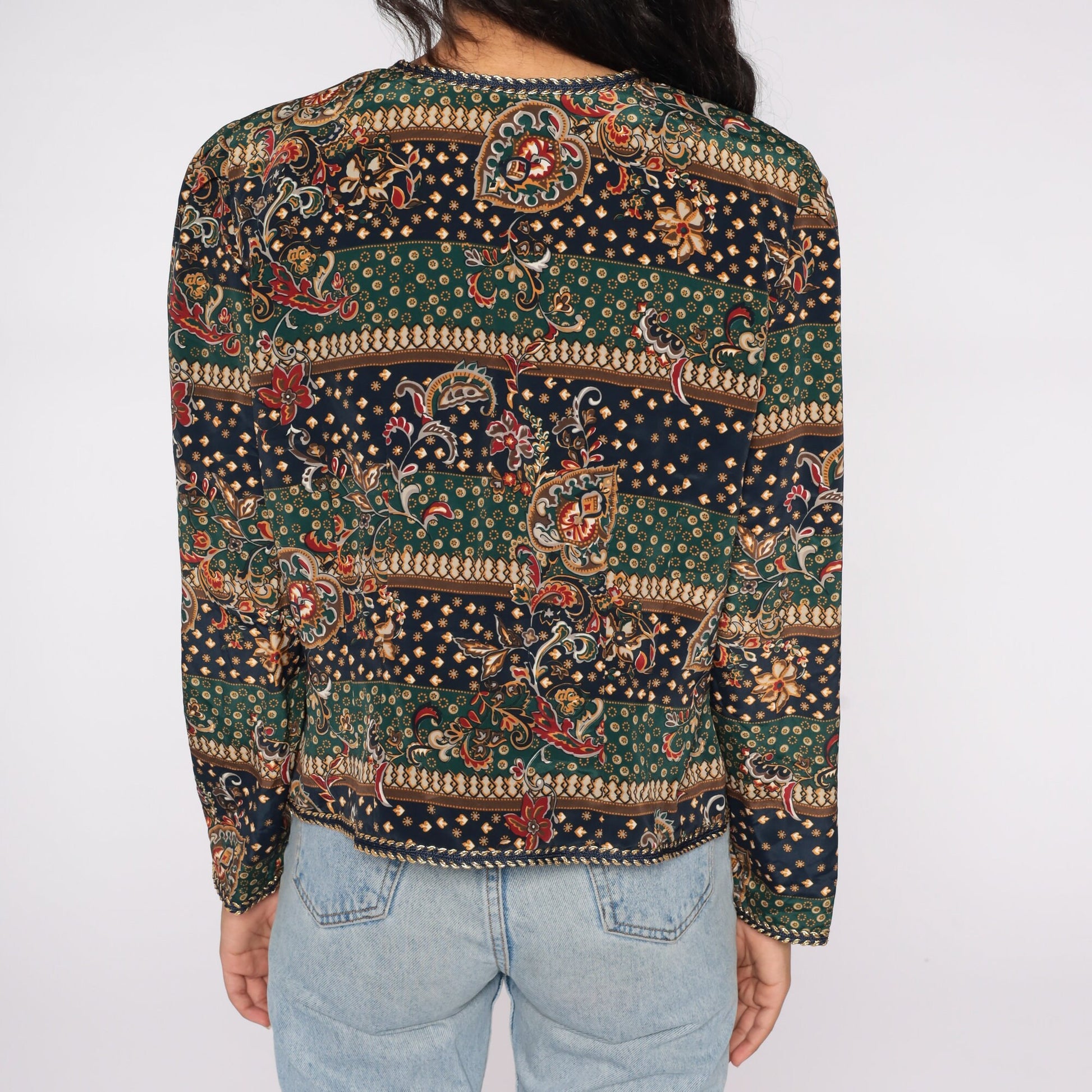 90s Abstract Floral Striped Jacket Green Blue Leaf Print Button Up Large L
