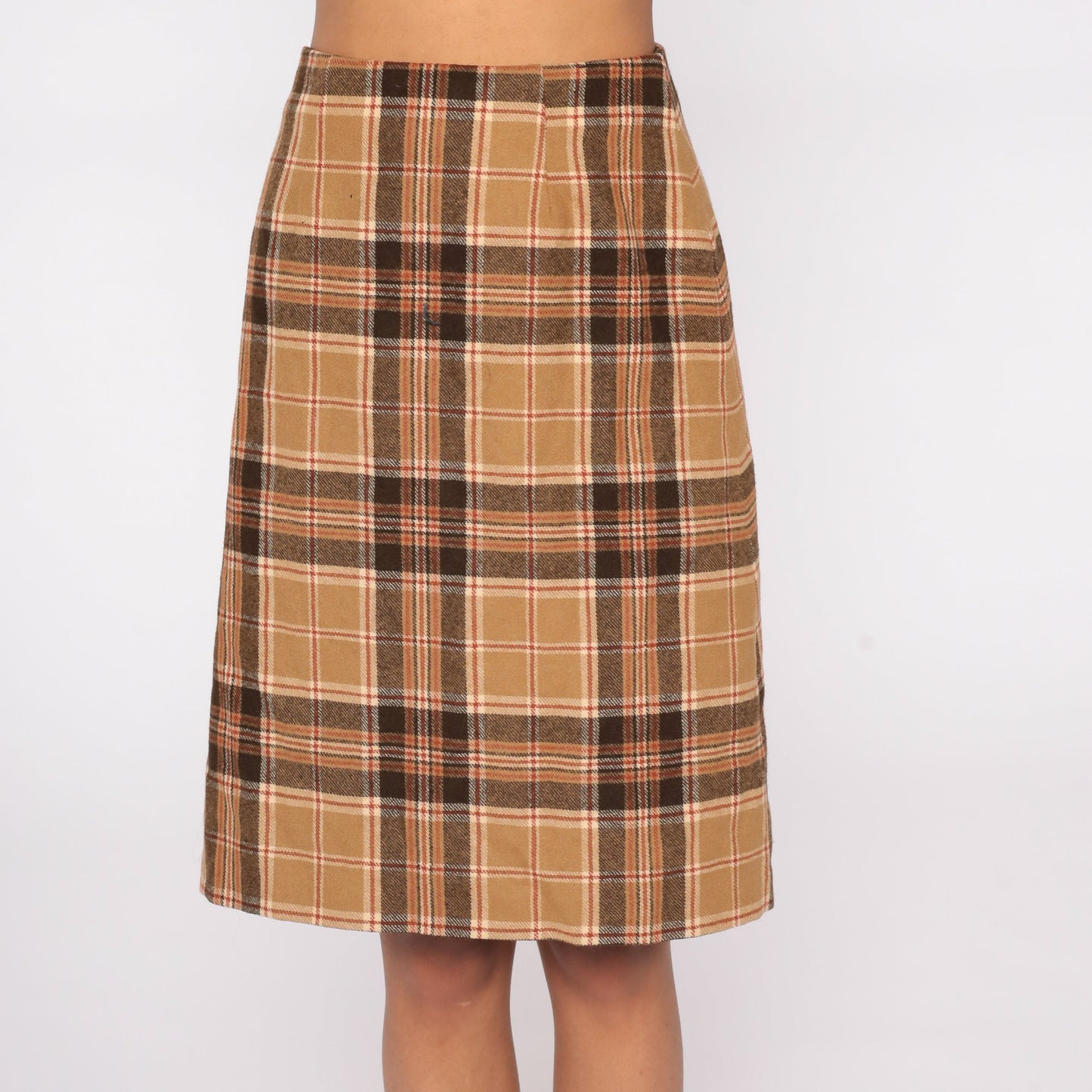 70s Brown Plaid High-Waist Pencil Skirt Wool Extra Small XS