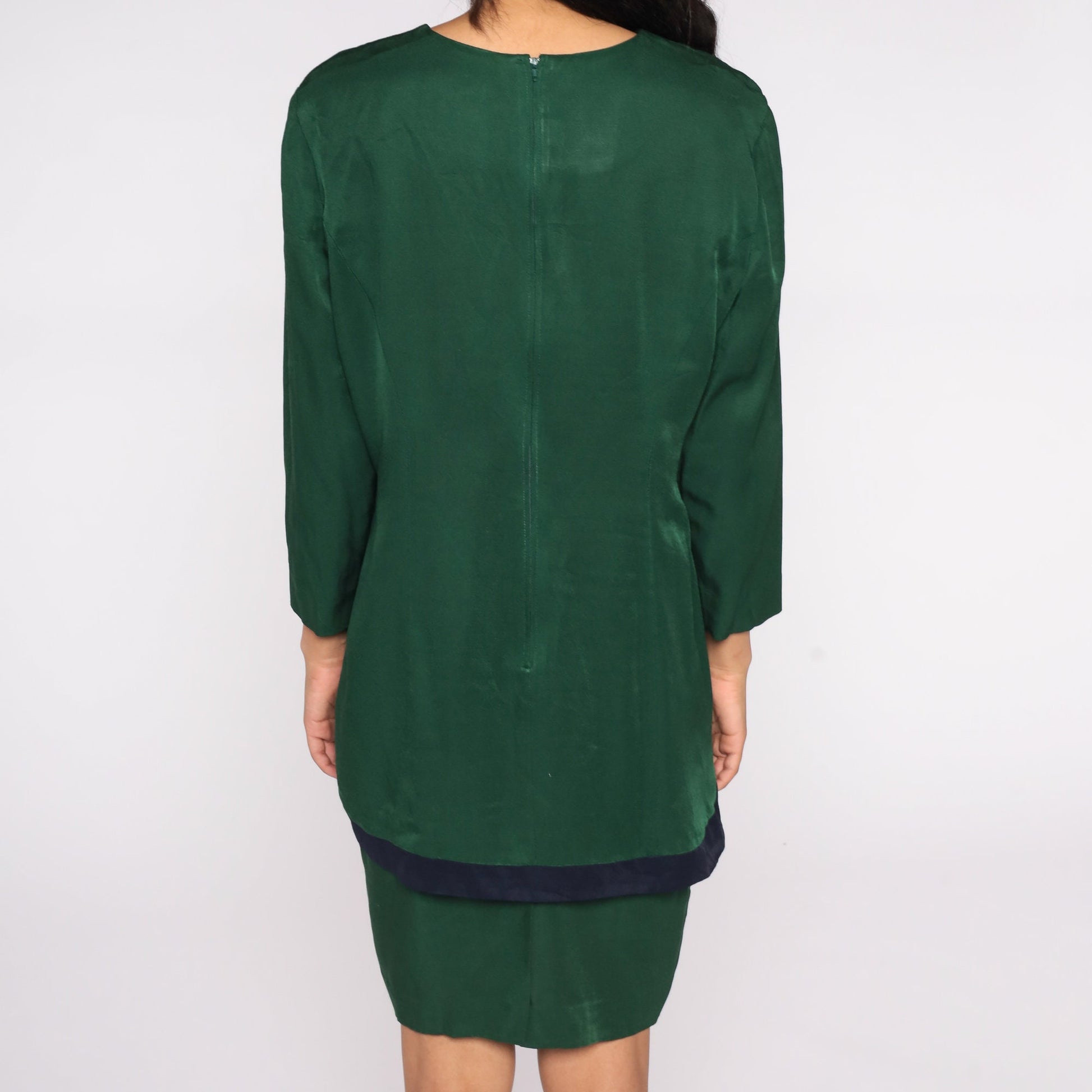 80s Green Midi Shirt Dress Button-Up Long Sleeve Peplum Navy Detail Extra Large XL