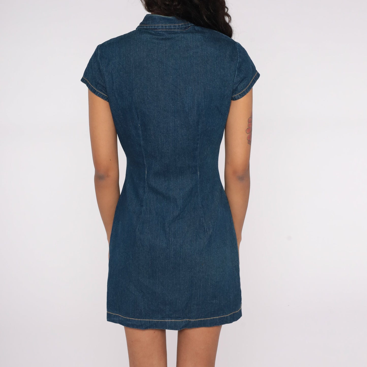 90s Bongo Denim Mini Dress Dark Blue Button-Up Collar Short Sleeve Extra Small XS