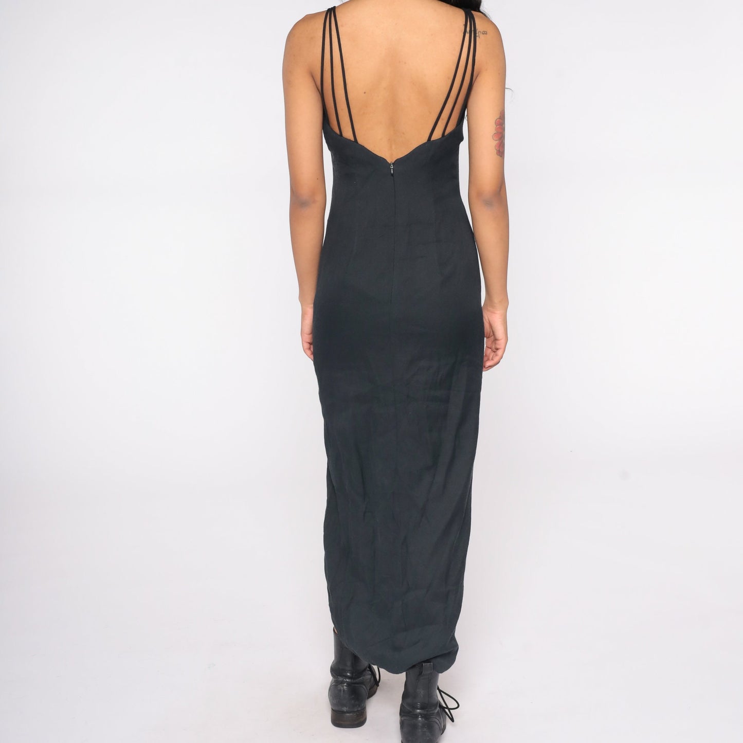 80s Black Maxi Dress Rhinestone Chest Spaghetti Strap Low Back High Slit Extra Small