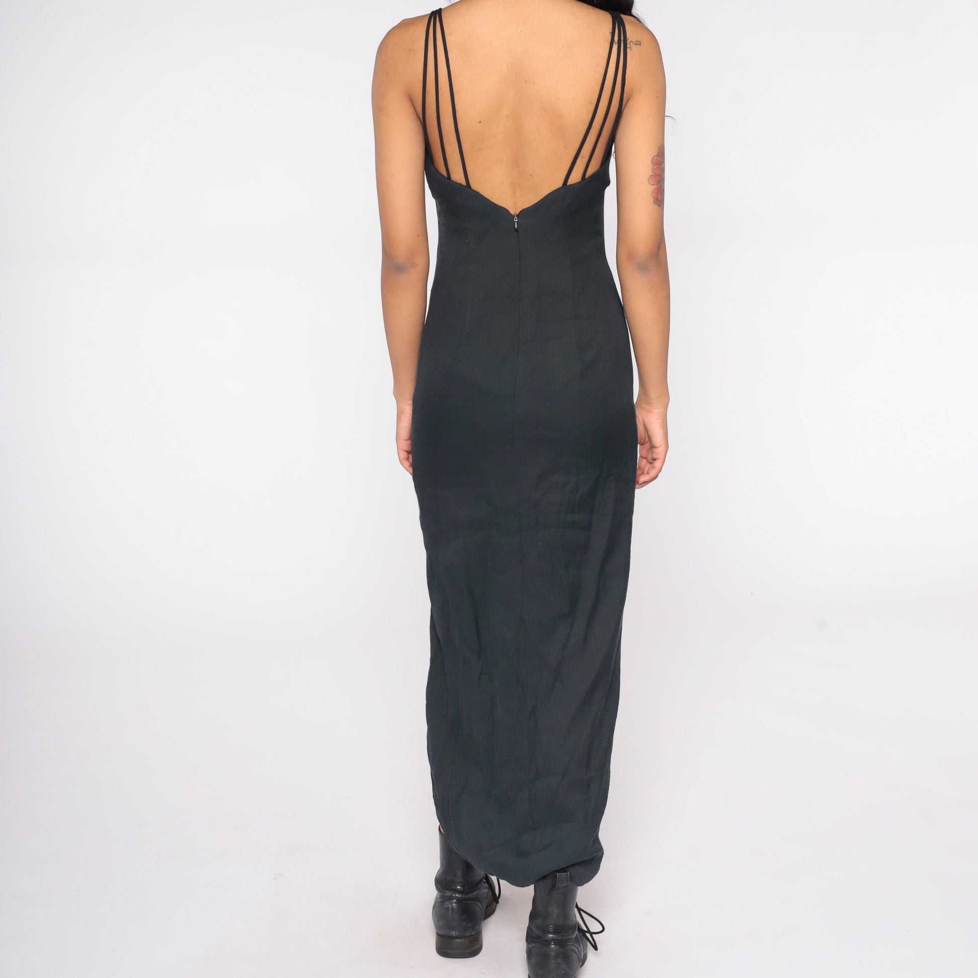 80s Black Maxi Dress Rhinestone Chest Spaghetti Strap Low Back High Slit Extra Small