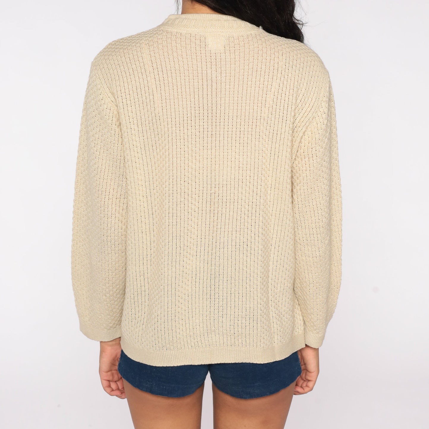 70s Beige Cardigan Sweater Pointelle Open Weave Button Up Knitwear Small