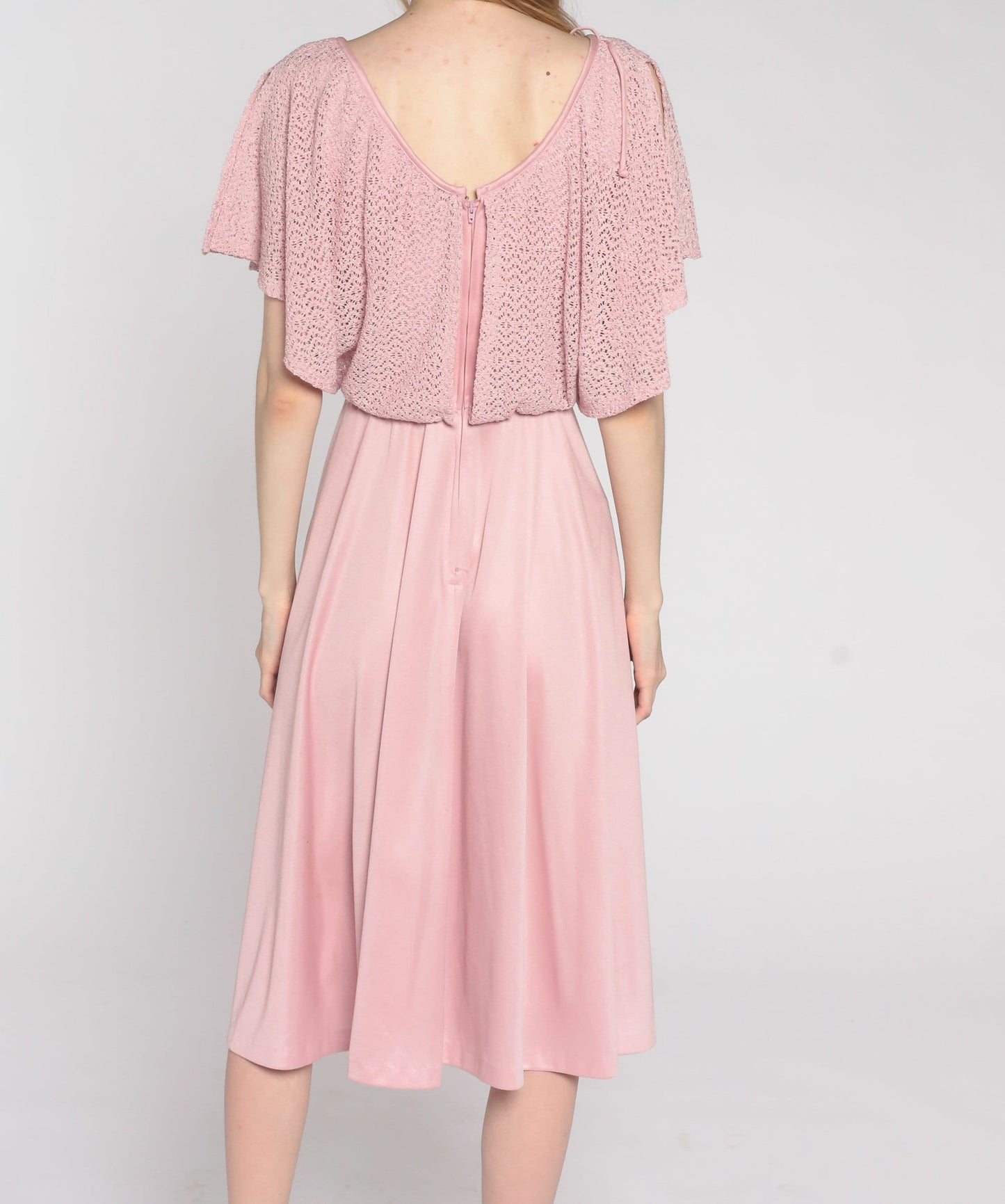 70s Pink Crochet Midi Dress Flutter Sleeve High Waist V Neck Small