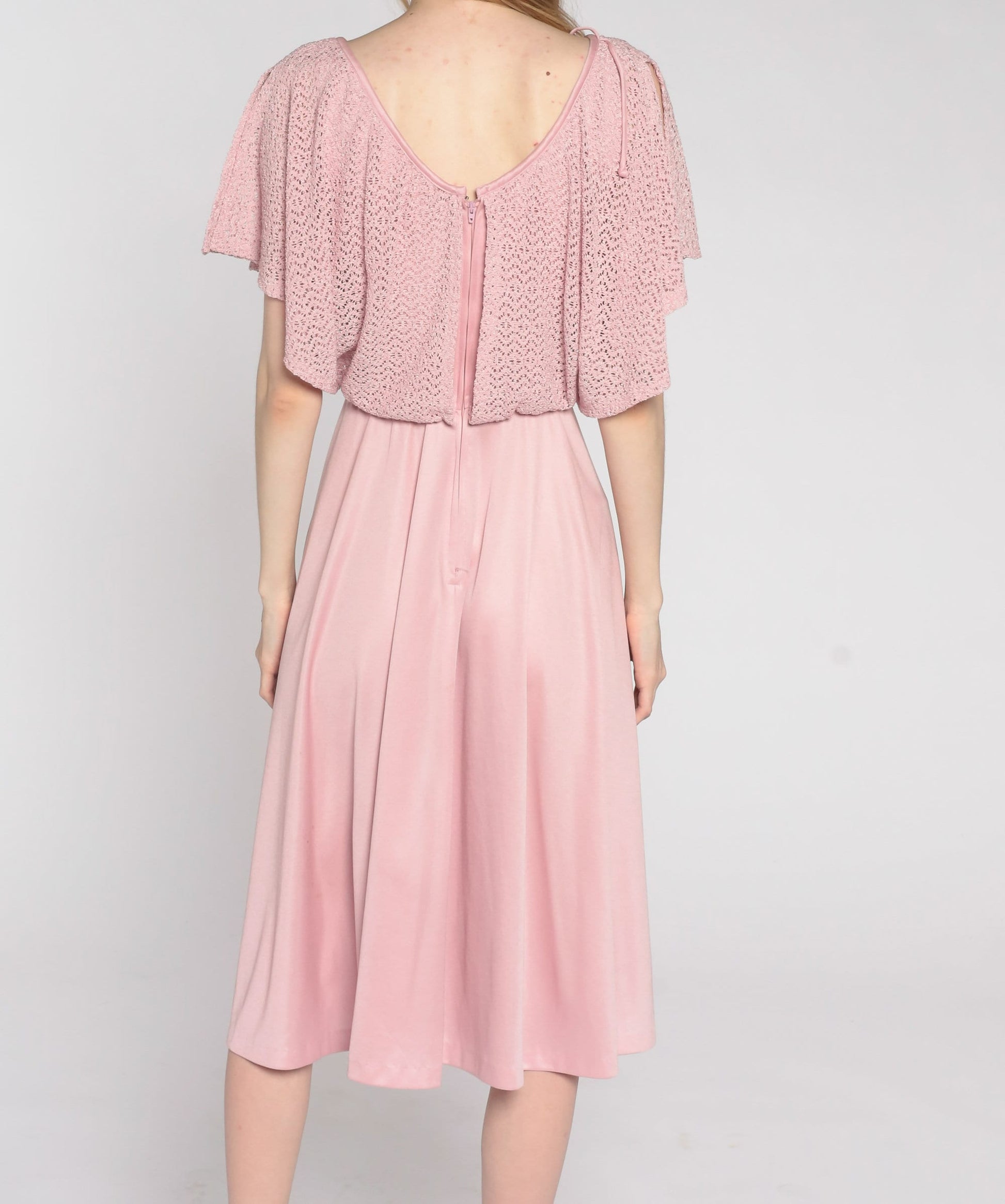 70s Pink Crochet Midi Dress Flutter Sleeve High Waist V Neck Small