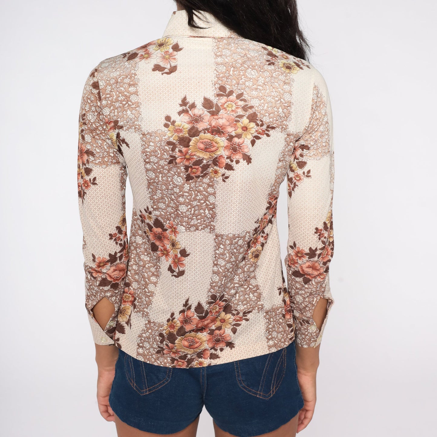 70s Brown Floral Button-Up Shirt Pointed Collar Long Sleeve Extra Small