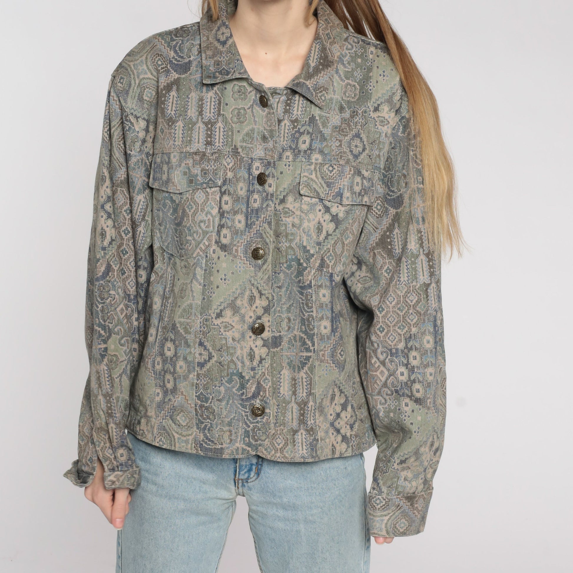 90s Geometric Cargo Jacket Cotton Button Up Taupe Blue Extra Large XL