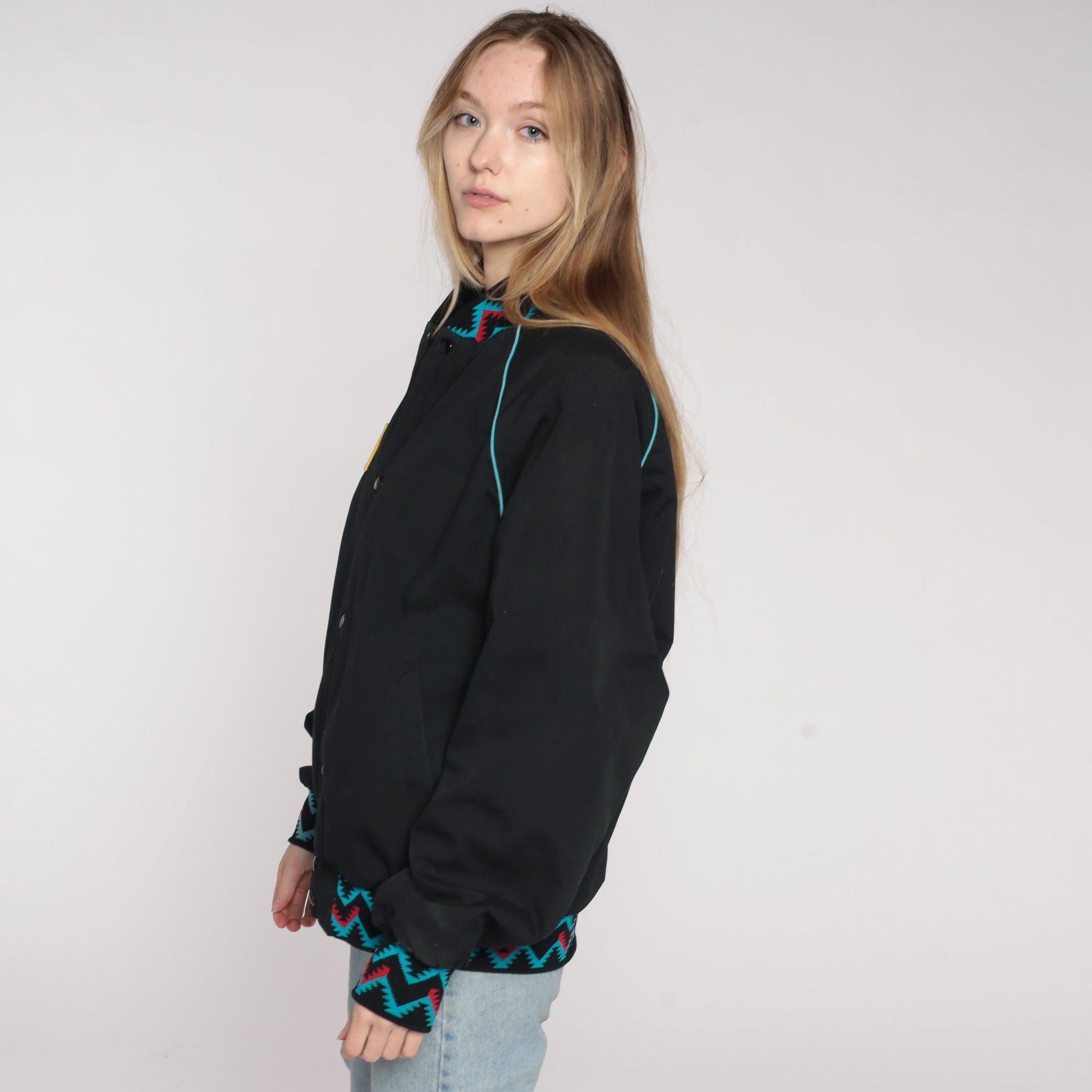 80s Rock N Country Snap Jacket Black Aztec Graphic Unisex Large