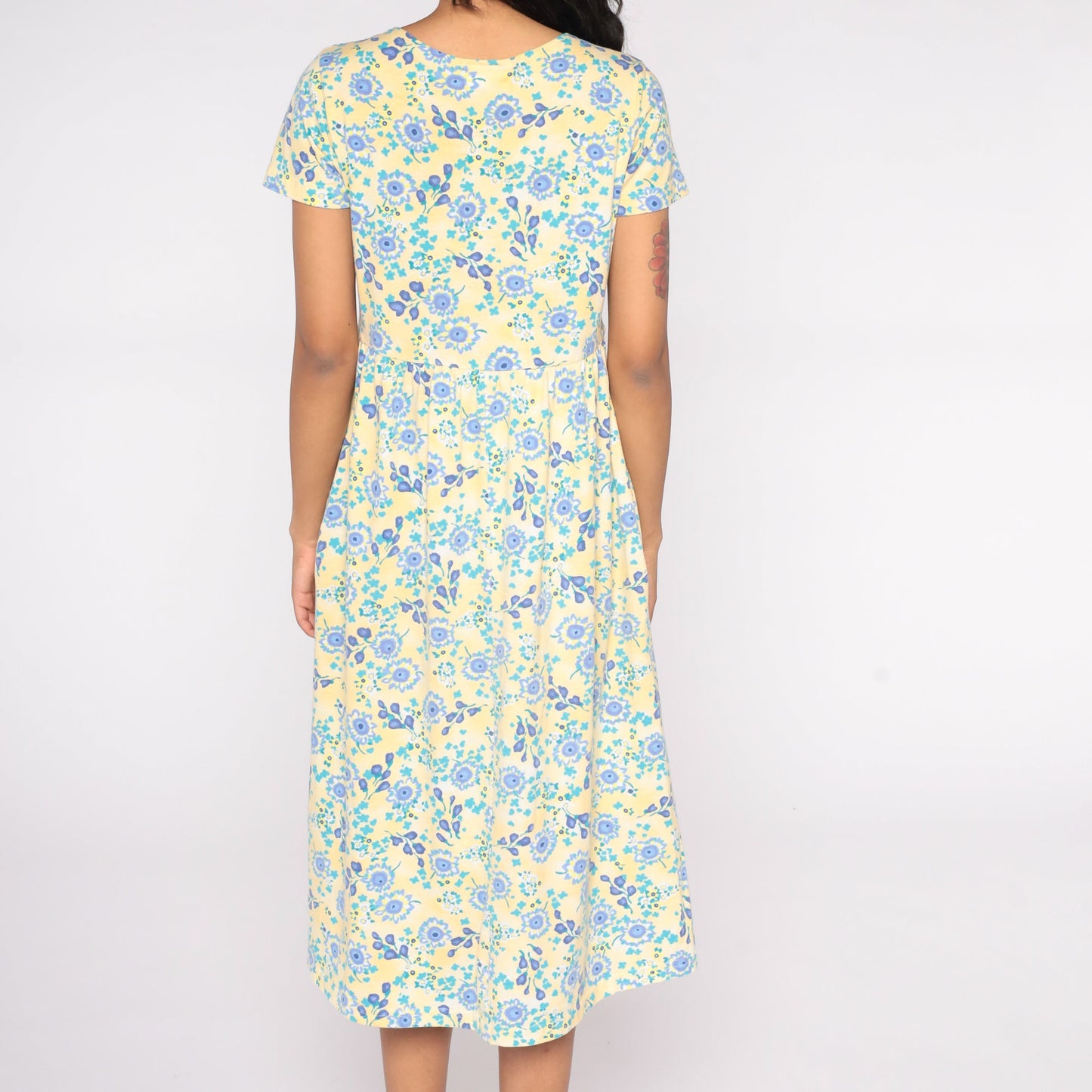 80s Yellow Blue Floral Midi Dress Cotton Short Sleeve High Waist Small S
