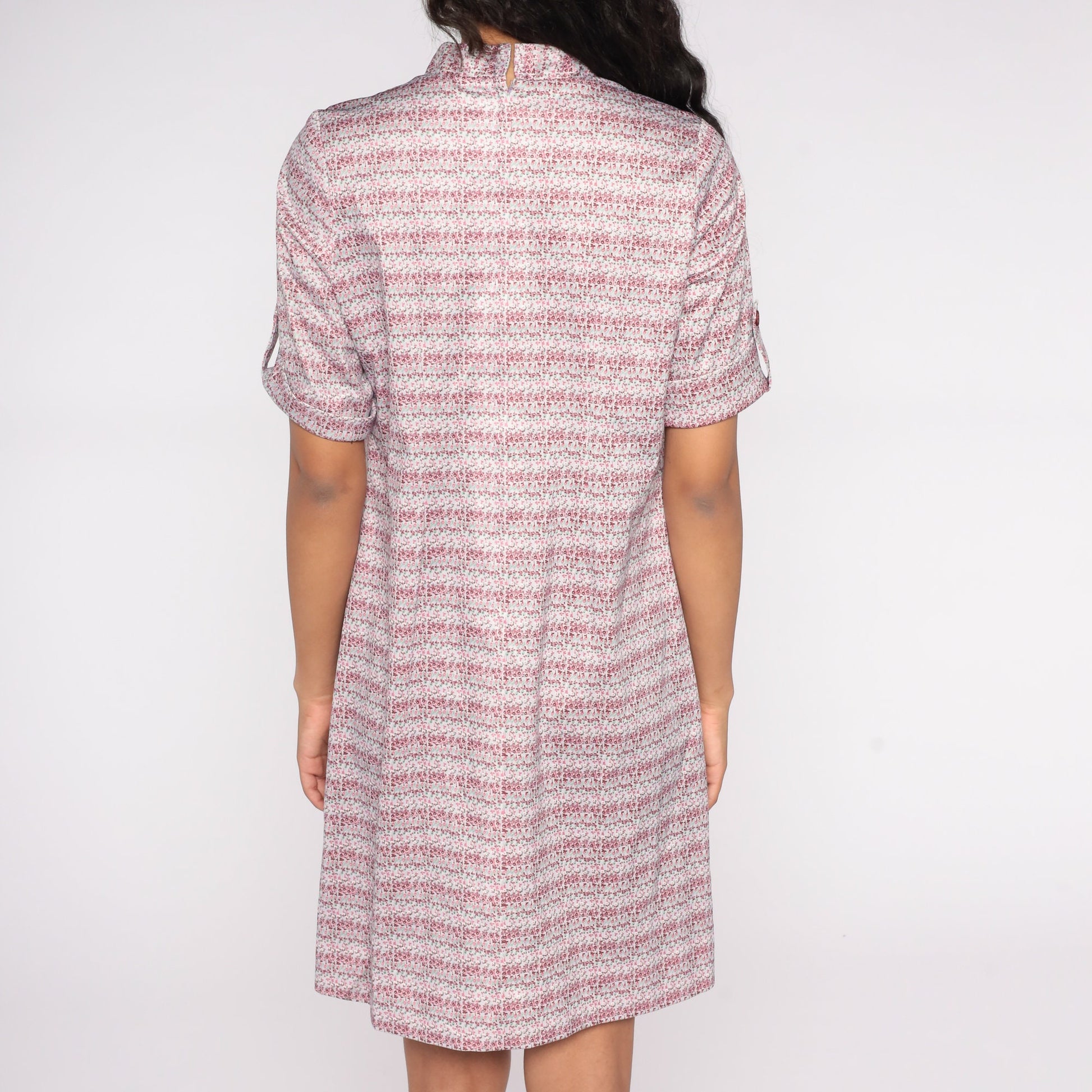 90s Striped Shirt Dress Pink Floral Button-Up Collar Mini Large L