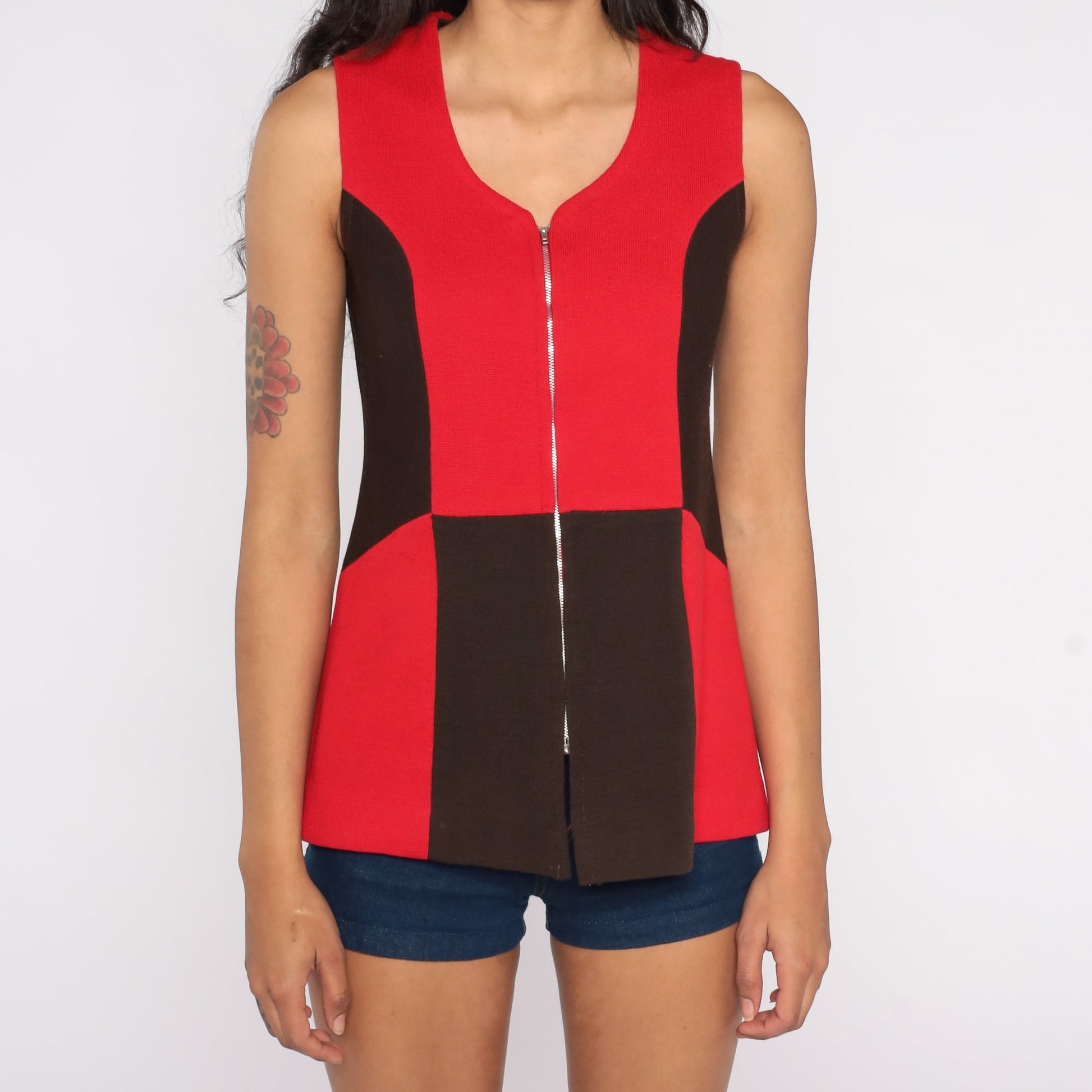 60s Mod Color Block Tank Top Zip Front Red Black Sleeveless Small