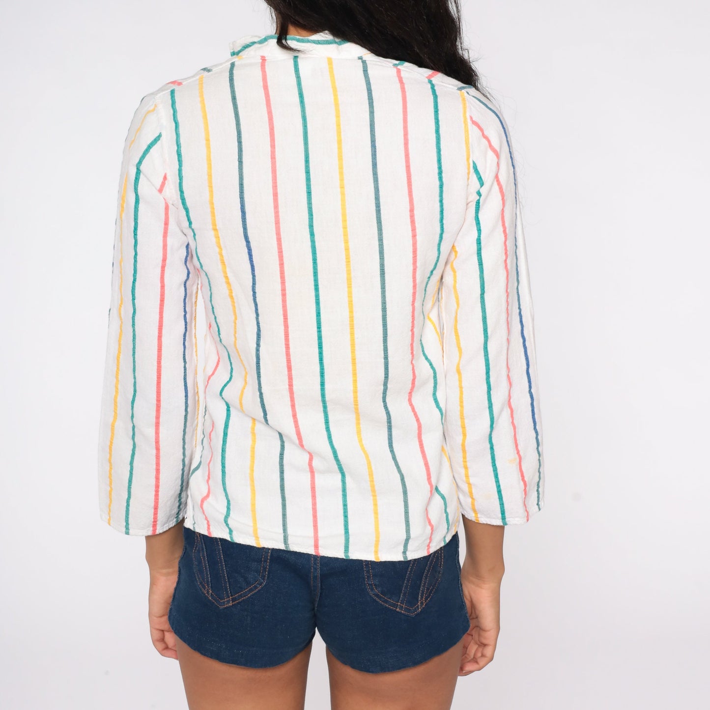 70s Cotton Striped Tunic Top White V-Neck Long Sleeve Extra Small