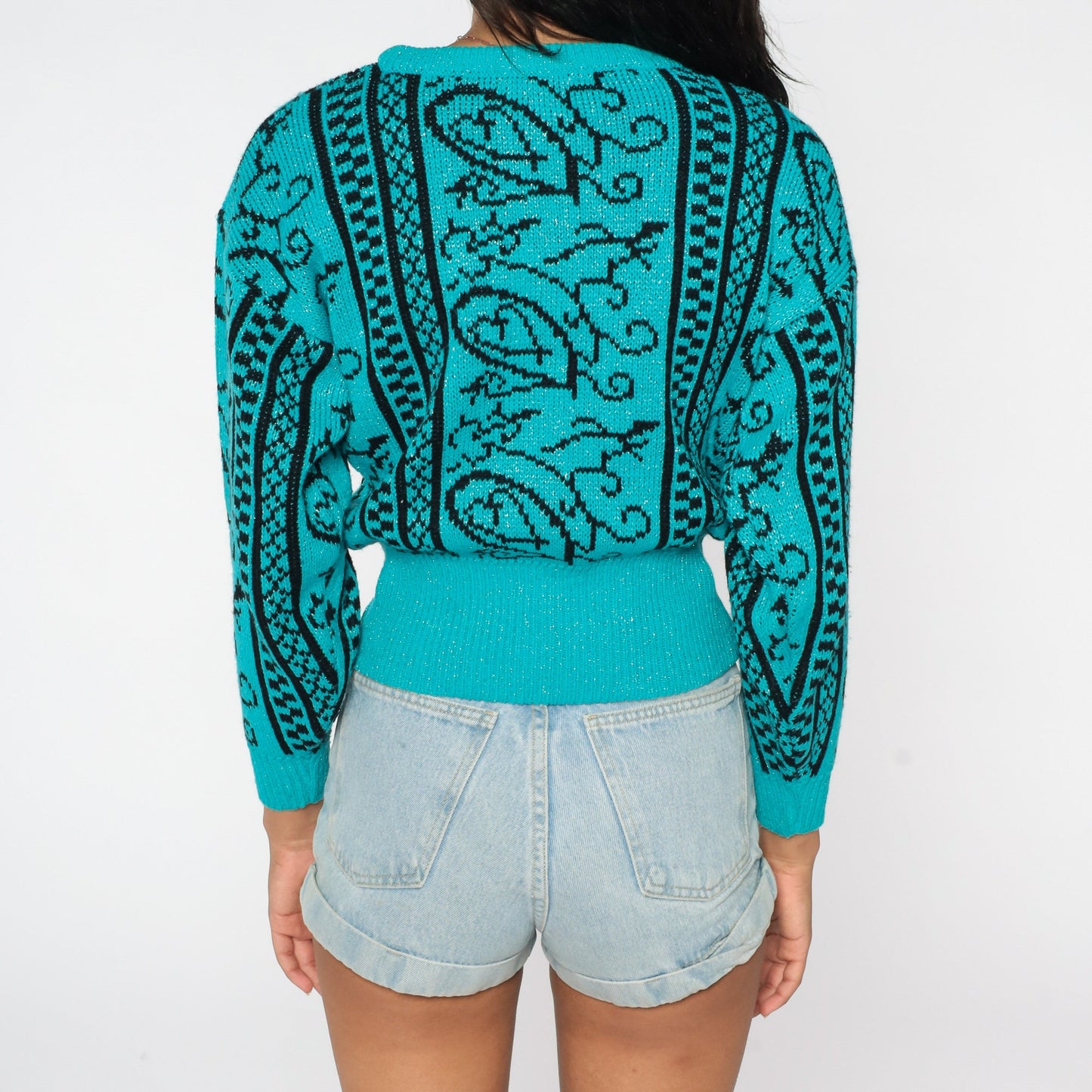80s Sparkly Teal Geometric Knit Sweater Metallic Swirl Crewneck Small