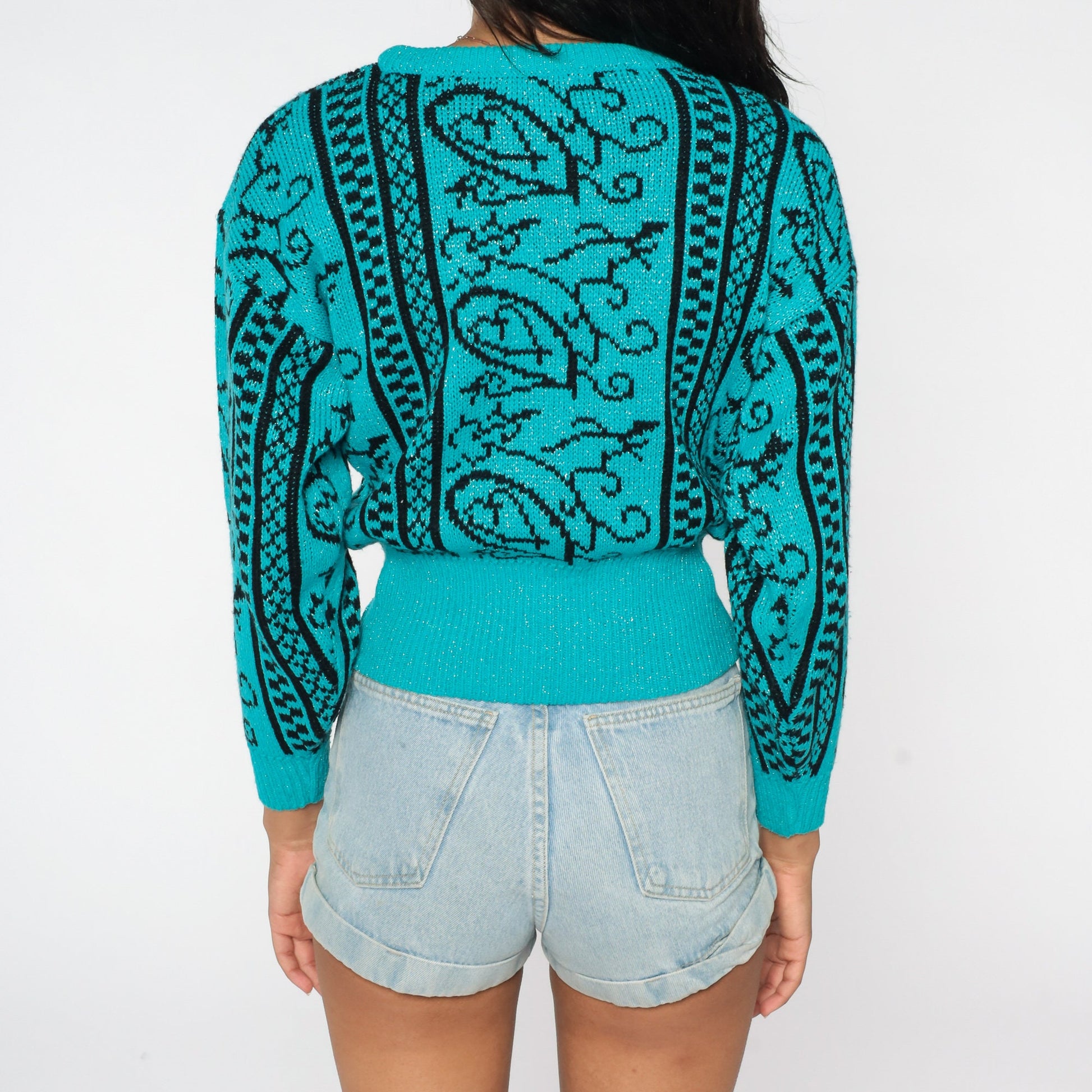 80s Sparkly Teal Geometric Knit Sweater Metallic Swirl Crewneck Small
